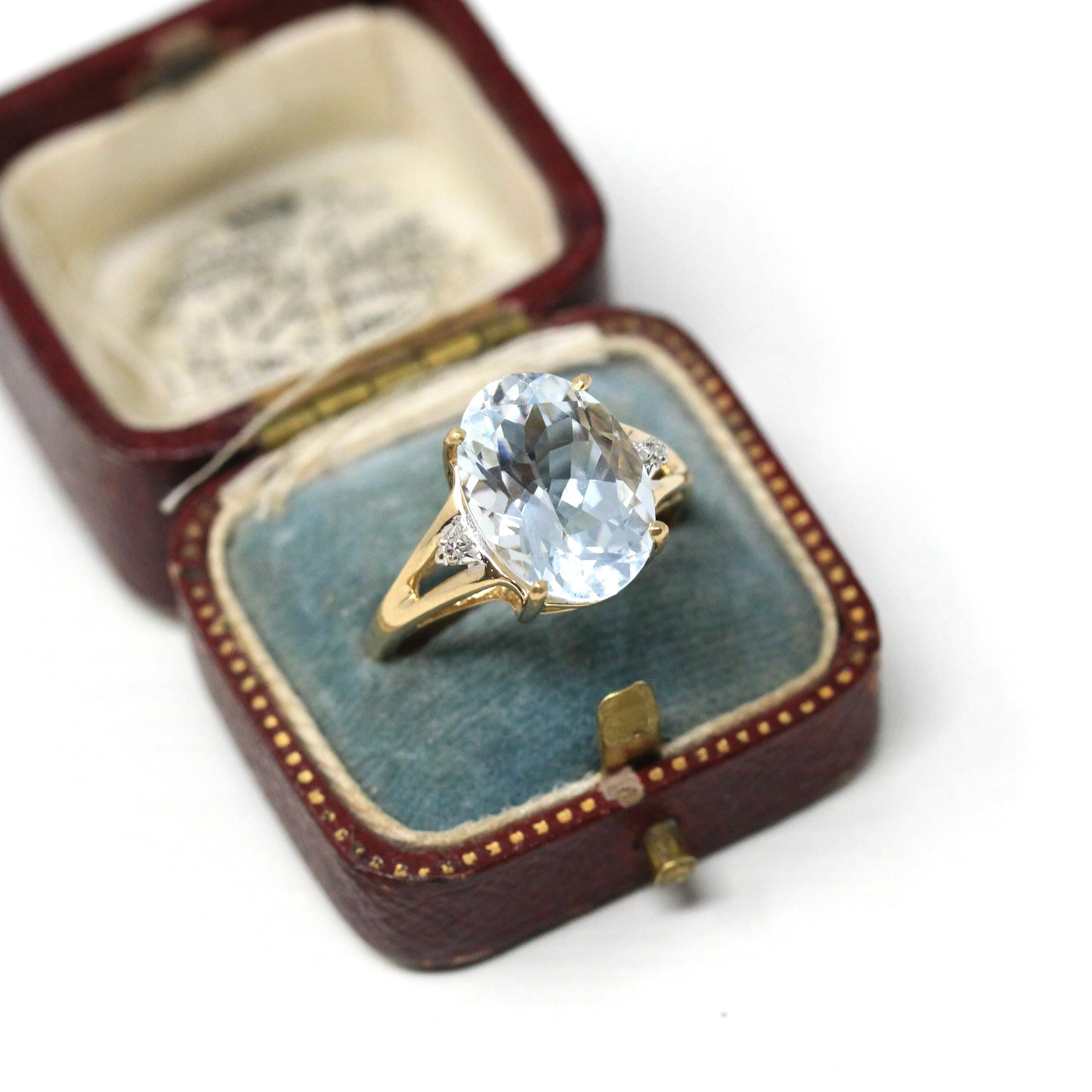 Aquamarine & Diamond Ring - Modern 10k Yellow Gold Oval Faceted 2.40 CT Blue Gem - Estate Circa 2000's Era Size 8 1/2 Statement Fine Jewelry