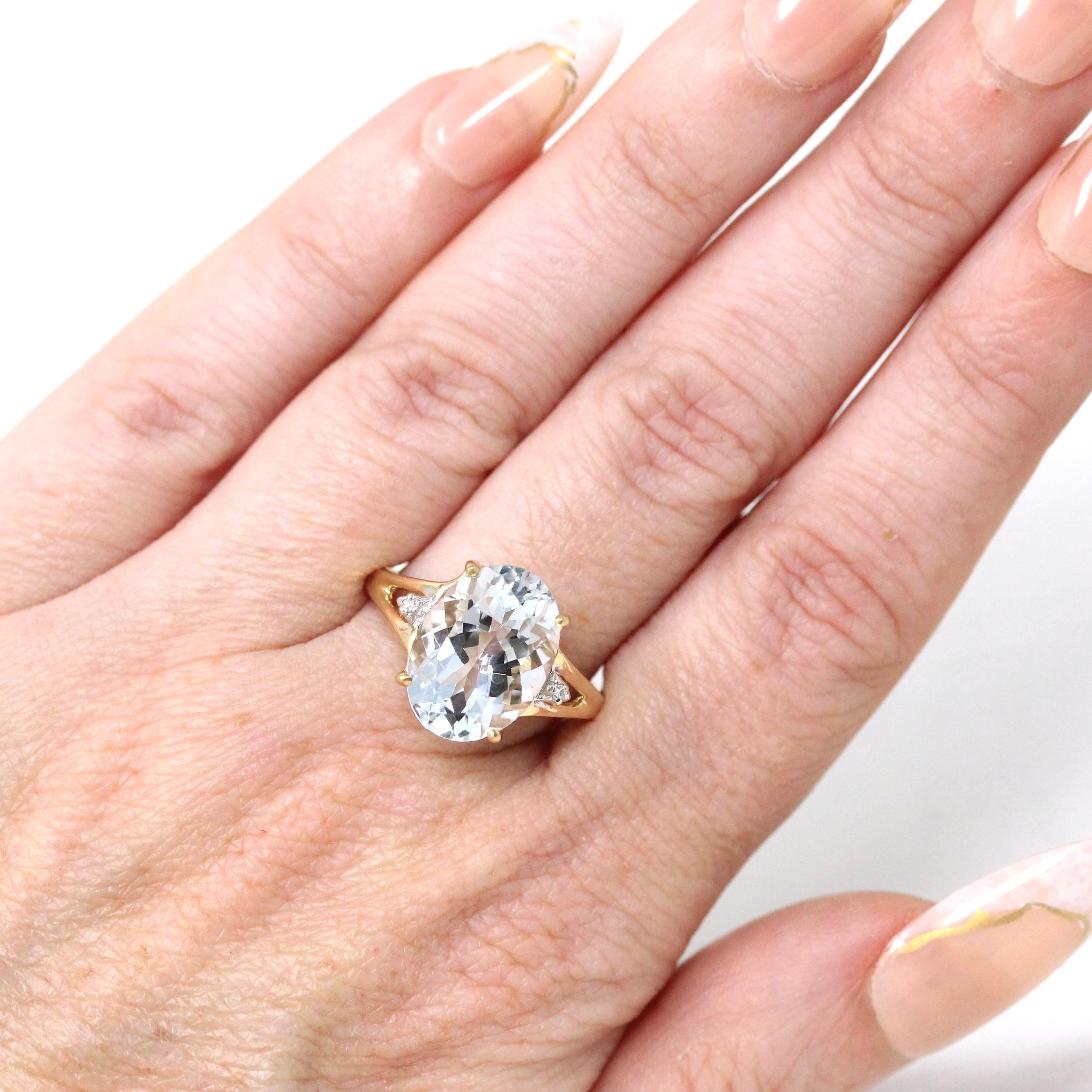 Aquamarine & Diamond Ring - Modern 10k Yellow Gold Oval Faceted 2.40 CT Blue Gem - Estate Circa 2000's Era Size 8 1/2 Statement Fine Jewelry