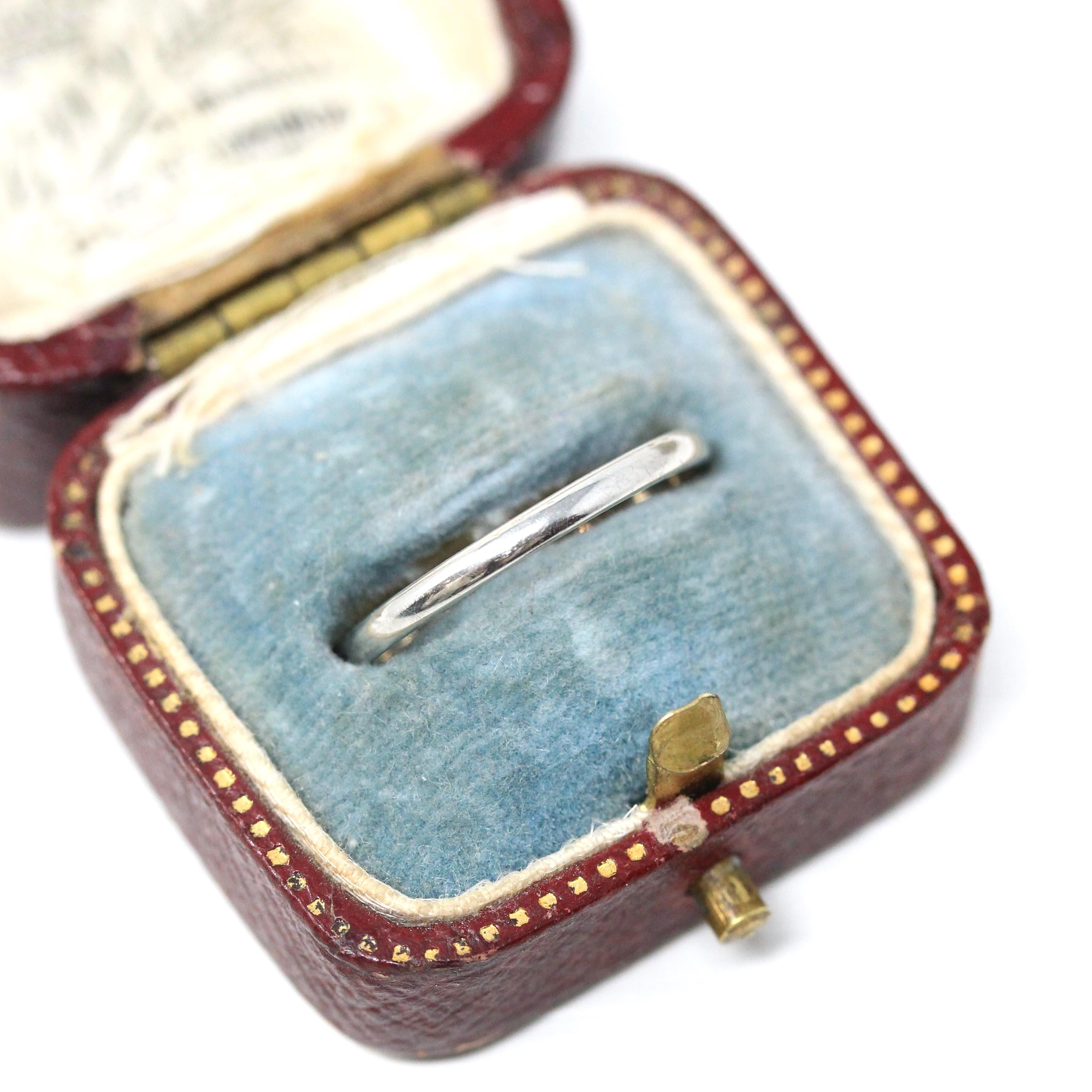 Dated 1927 Band - Art Deco 19k White Gold Hand Engraved Inscribed Wedding Ring - Antique Size 7 Circa 1920s Stacking Unisex Fine 20s Jewelry