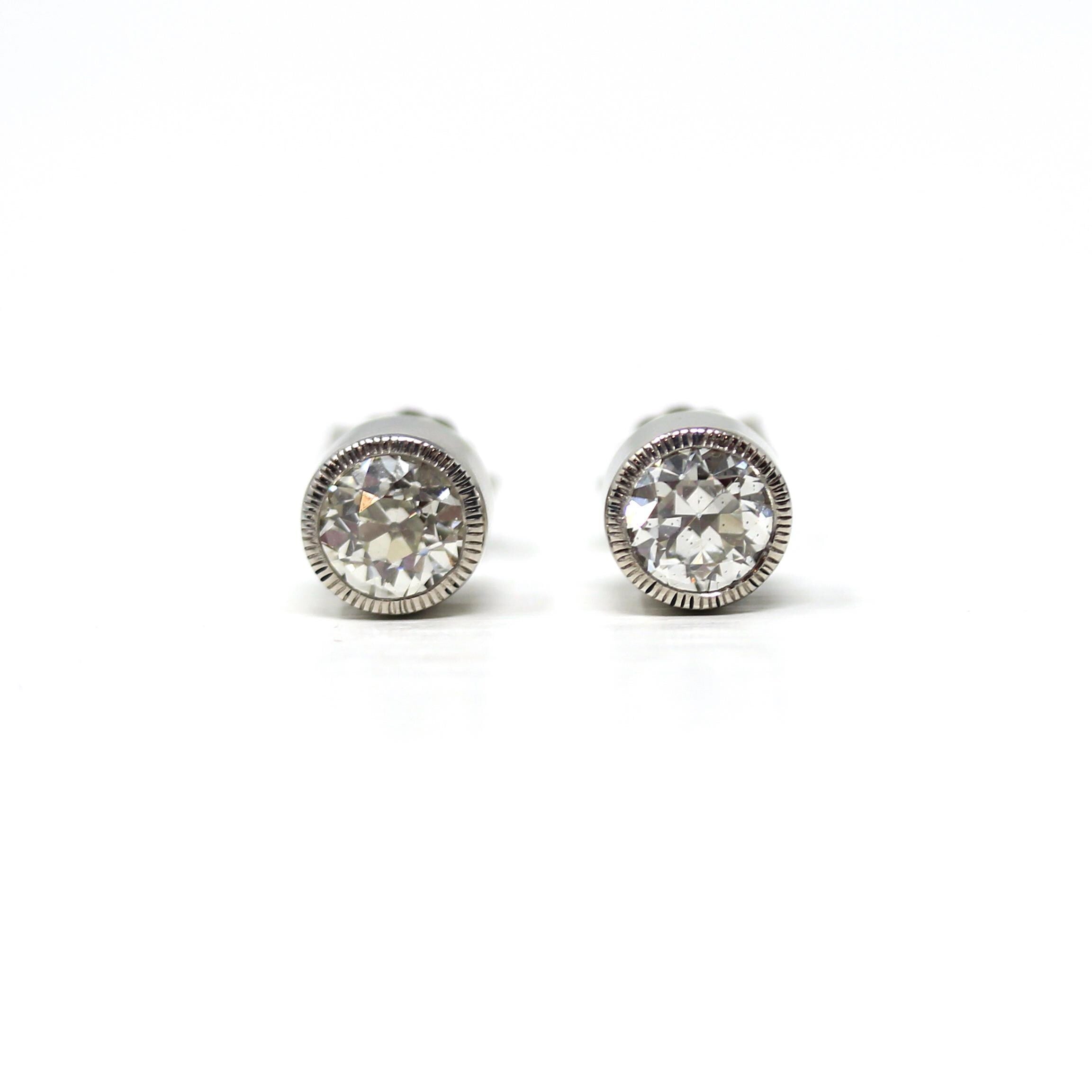Antique Diamond Earrings - Custom 14k White Gold 1.54 CTW K/L Color VS1/VS2 Clarity Natural Old European Cuts - Bezel Stud Fine Gem Jewelry