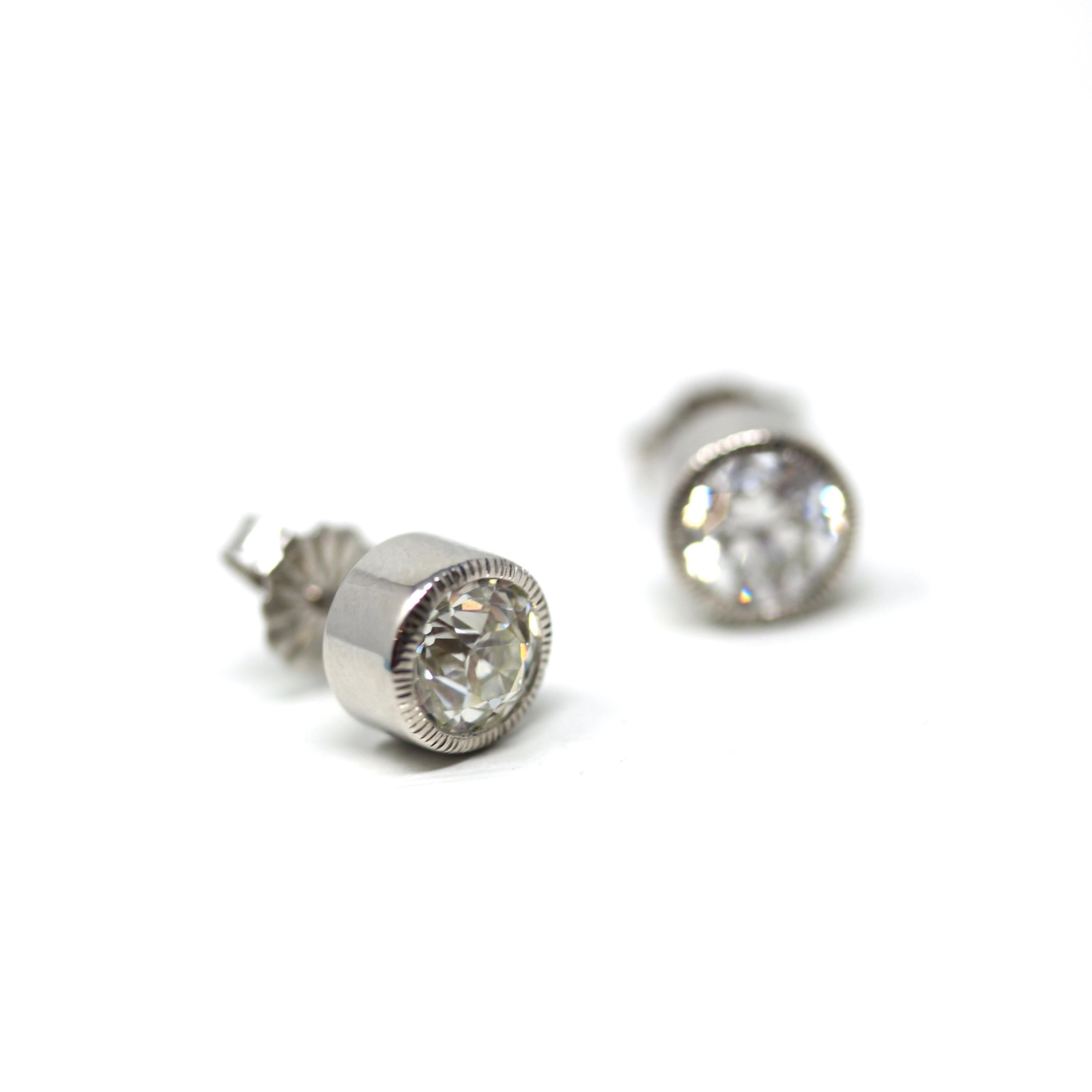 Antique Diamond Earrings - Custom 14k White Gold 1.54 CTW K/L Color VS1/VS2 Clarity Natural Old European Cuts - Bezel Stud Fine Gem Jewelry