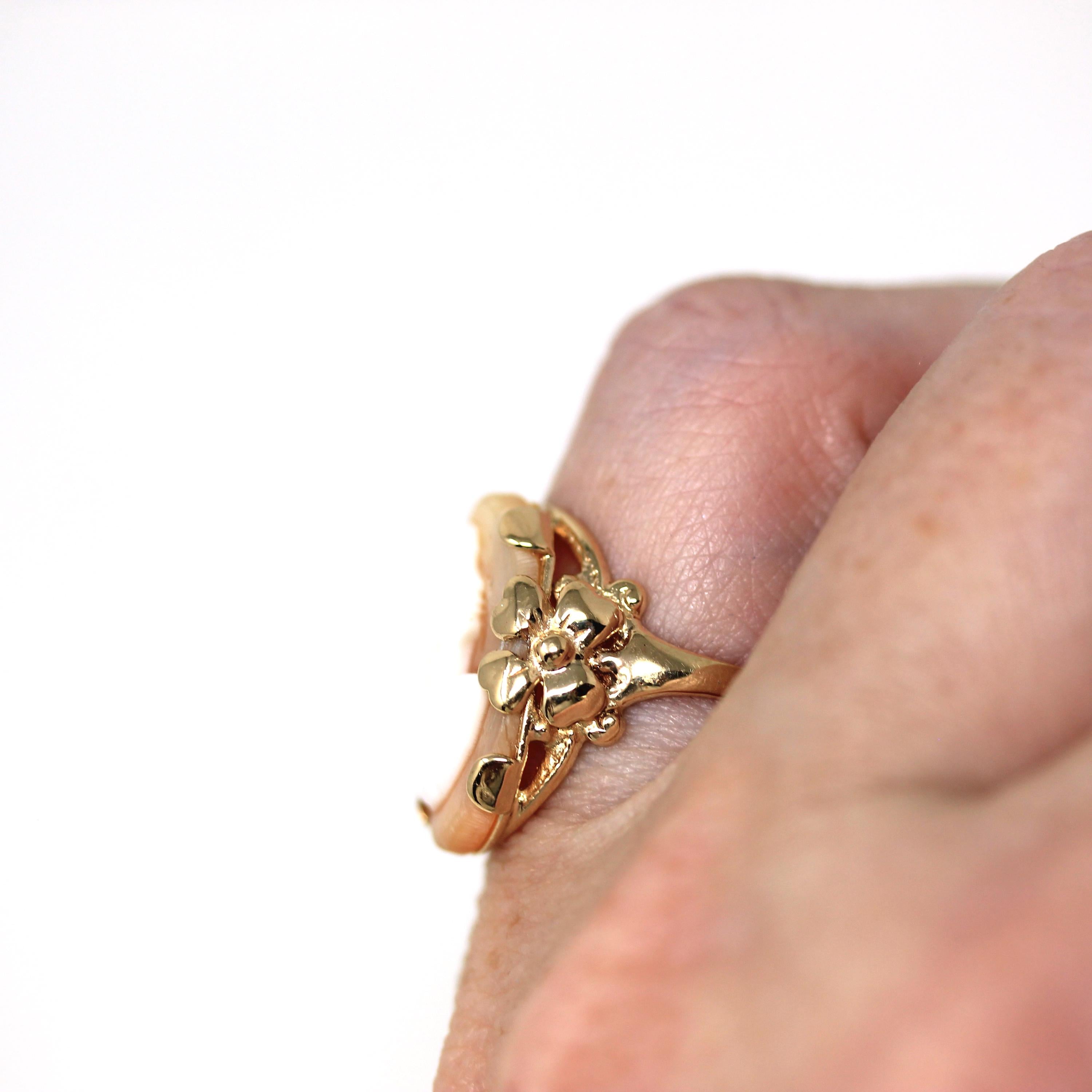 Vintage Cameo Ring - Retro 14k Yellow Gold Orange White Genuine Carved Gem - Vintage Circa 1940s Size 4 3/4 Woman Portrait Floral Jewelry