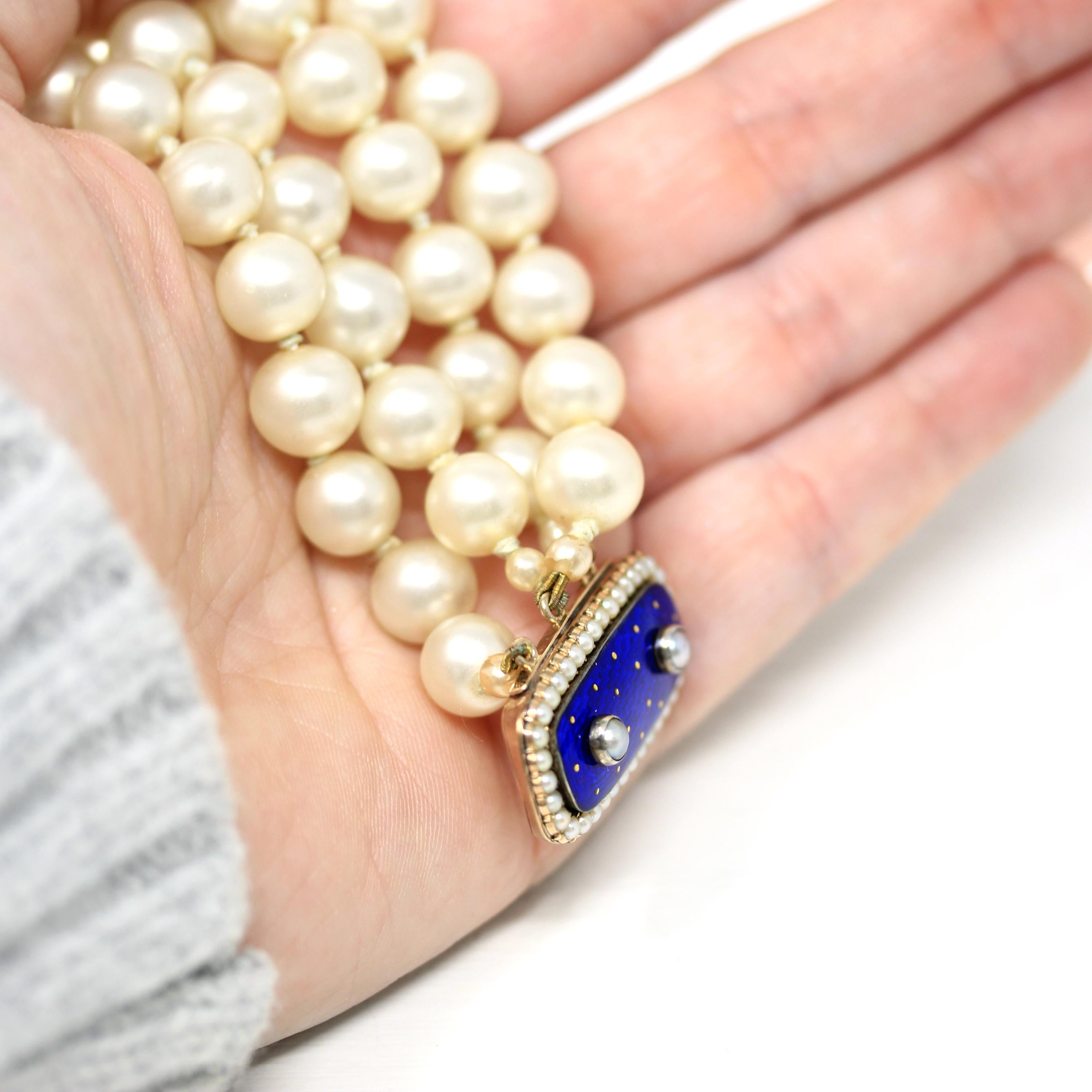 Antique Enamel Bracelet - Victorian Era 10k Rosy Yellow Gold Royal Blue Guilloché Enamel Clasp - Simulated Pearl Fine Celestial Jewelry