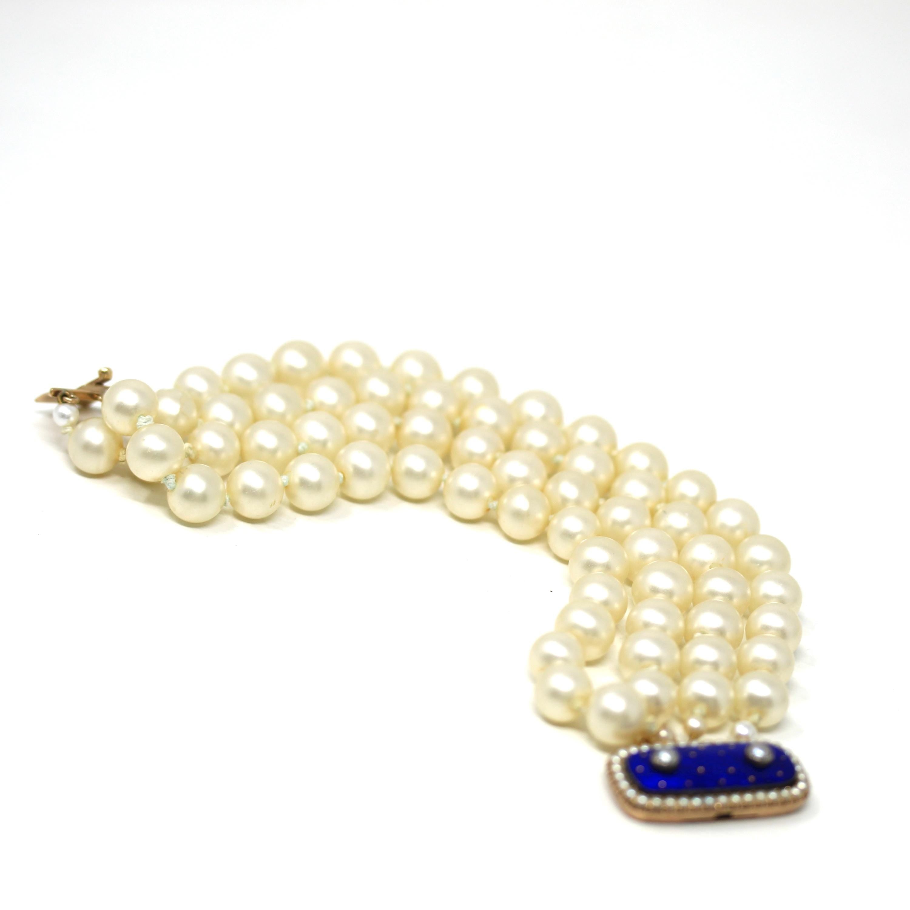 Antique Enamel Bracelet - Victorian Era 10k Rosy Yellow Gold Royal Blue Guilloché Enamel Clasp - Simulated Pearl Fine Celestial Jewelry