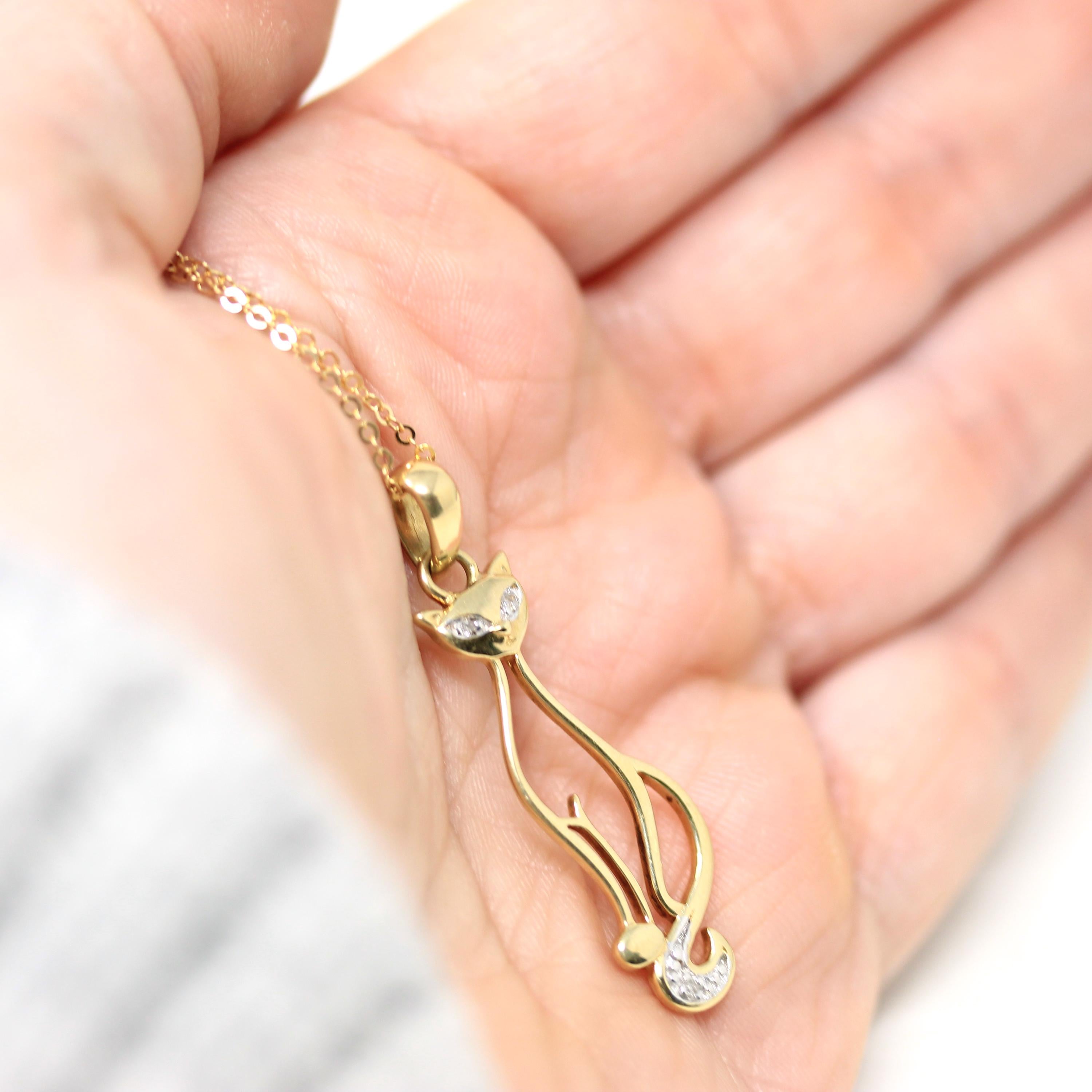 Modern Cat Pendant - Estate 10k Yellow Gold Natural Diamond Studded Charm Necklace - Circa 2000s Animal Feline Kitty Feminine Fine Jewelry