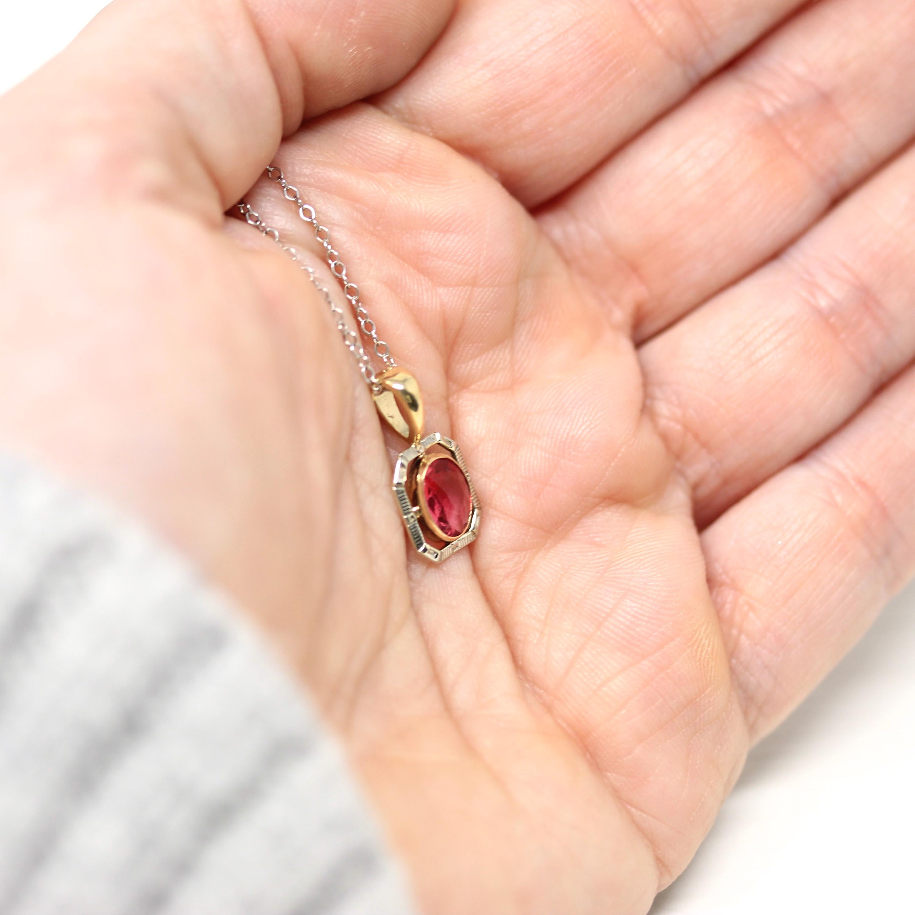 Simulated Pink Sapphire Charm - Art Deco Era 10k Yellow White Gold Handmade Glass Gem Pendant - Circa 1930 Stick Pin Conversion Fine Jewelry