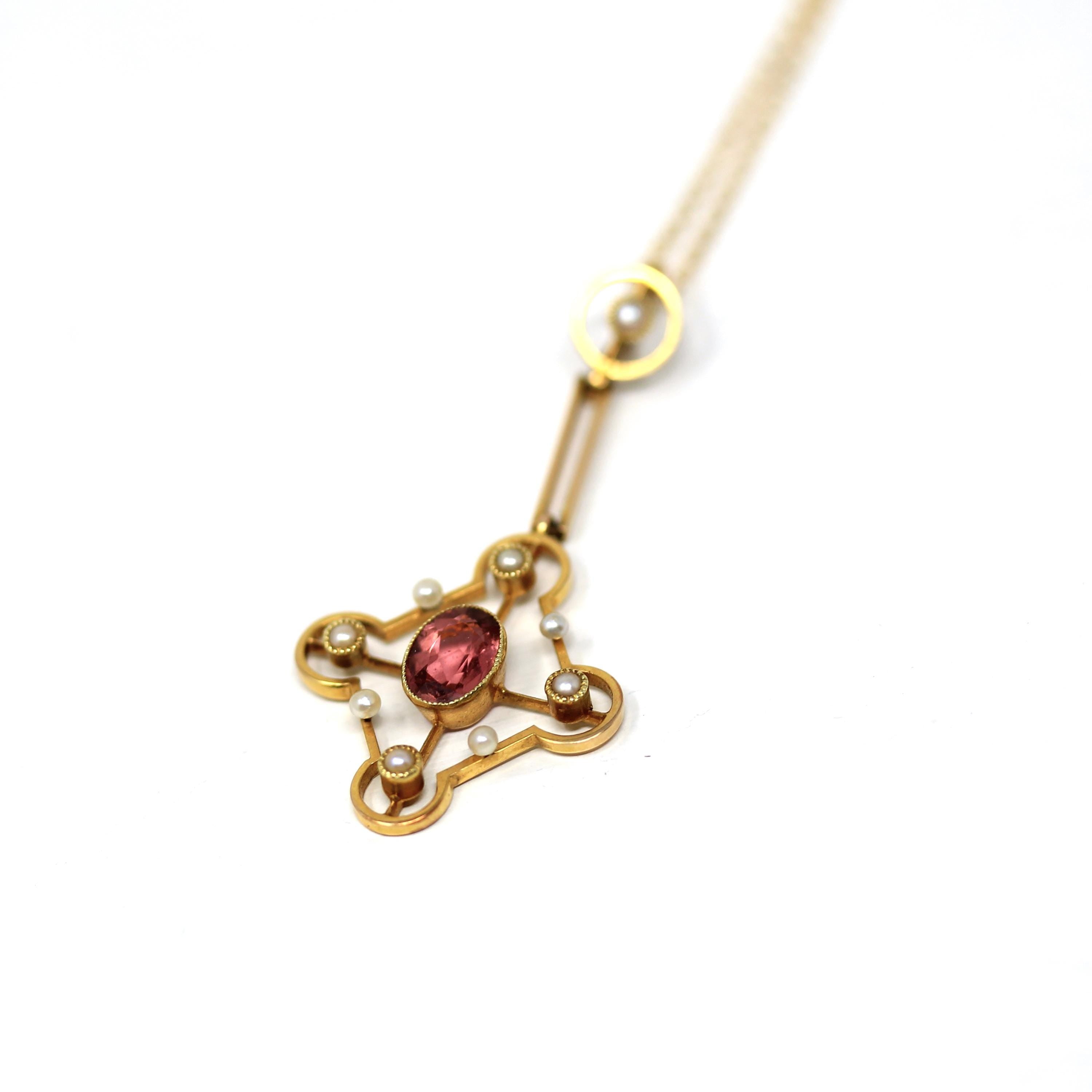 Antique Lavalier Necklace - Edwardian 15k Yellow Gold .70 CT Natural Oval Pink Tourmaline Gem Pendant - Circa 1910s Seed Pearl Fine Jewelry