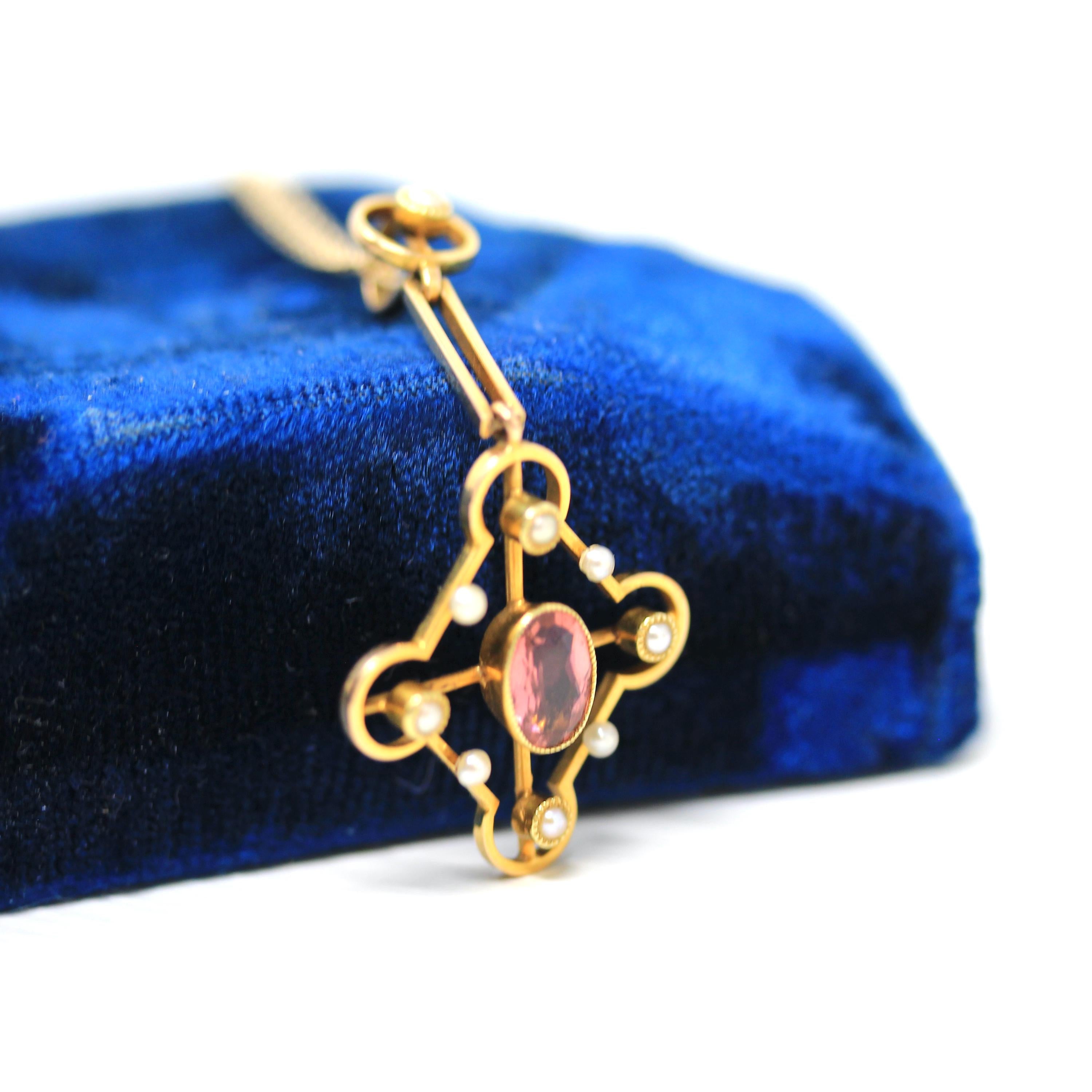 Antique Lavalier Necklace - Edwardian 15k Yellow Gold .70 CT Natural Oval Pink Tourmaline Gem Pendant - Circa 1910s Seed Pearl Fine Jewelry