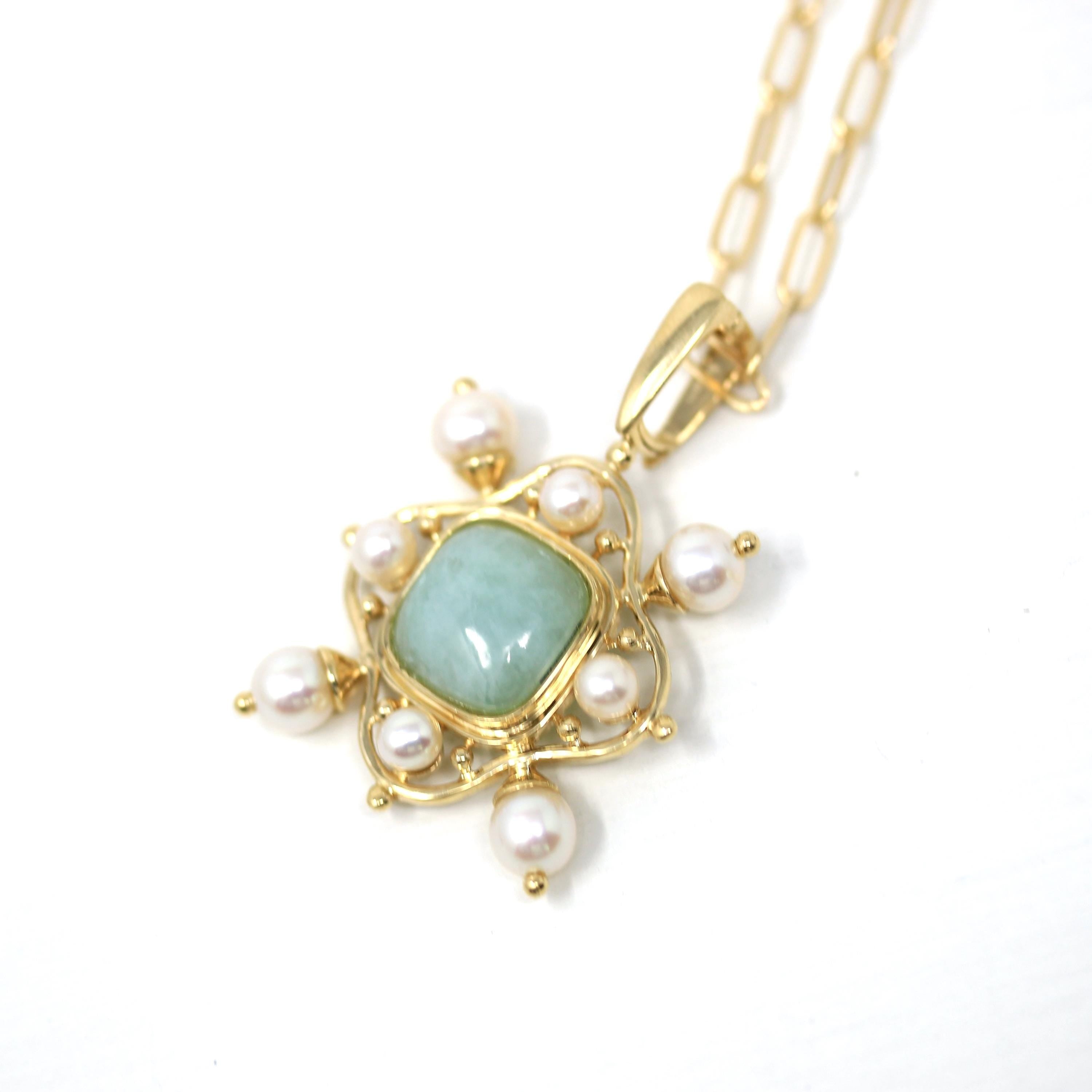Jade Enhancer Pendant - Vintage 14k Yellow Gold Cultured Pearl Necklace - Modern Estate 2000s Y2K Fine Jadeite Statement Gemstone Jewelry