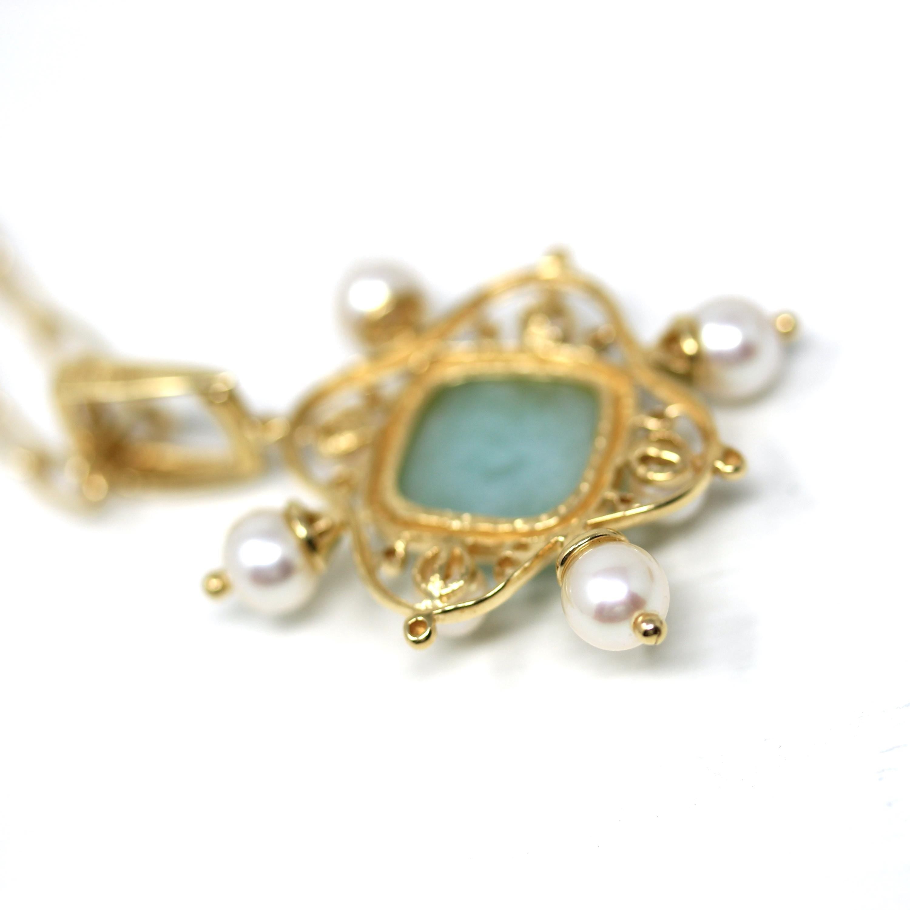 Jade Enhancer Pendant - Vintage 14k Yellow Gold Cultured Pearl Necklace - Modern Estate 2000s Y2K Fine Jadeite Statement Gemstone Jewelry