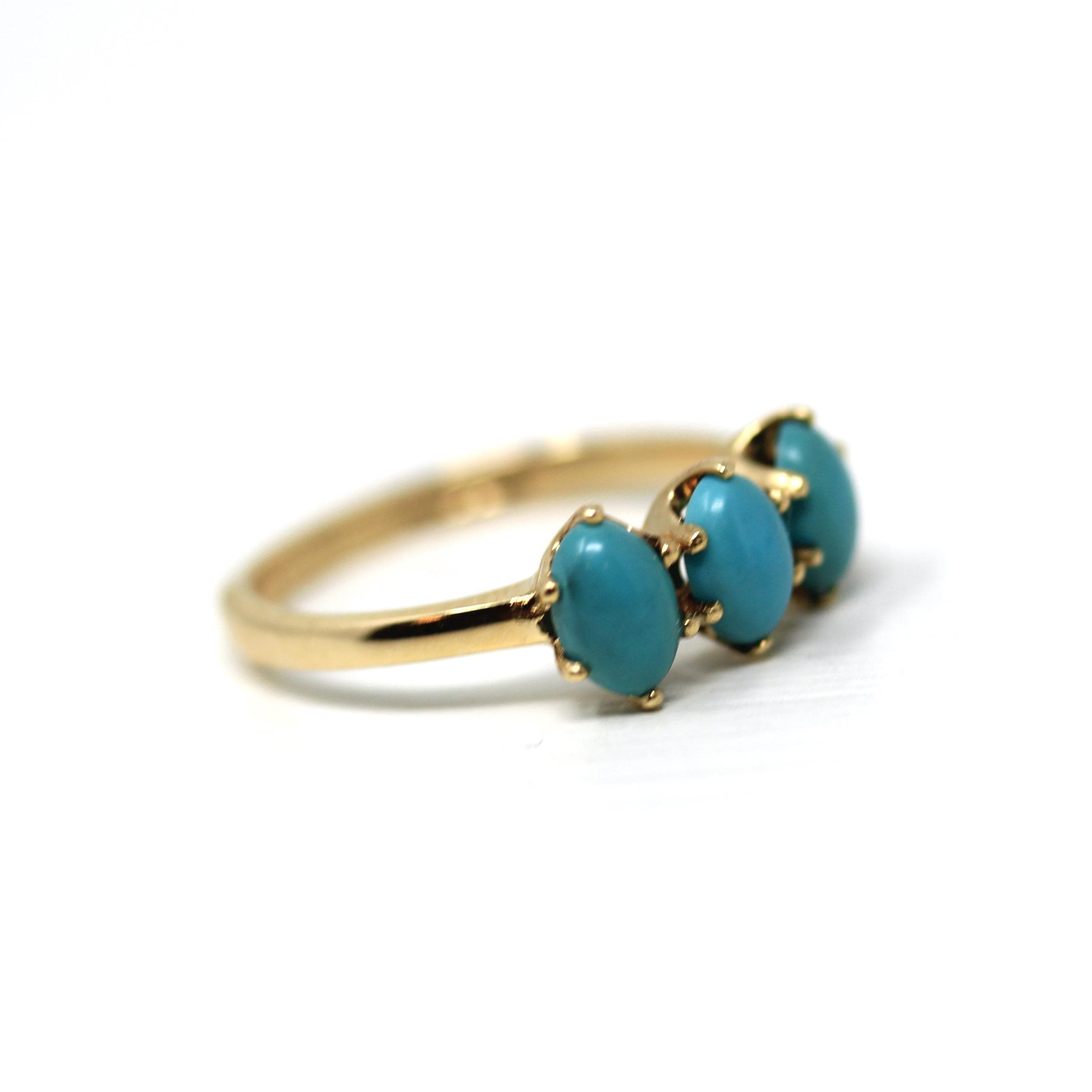 Retro Simulated Turquoise Ring - Vintage 10k Yellow Gold Blue Cabochon Three Stone Band - Circa 1970s Era Size 6 3/4 Fine Cabochon Jewelry
