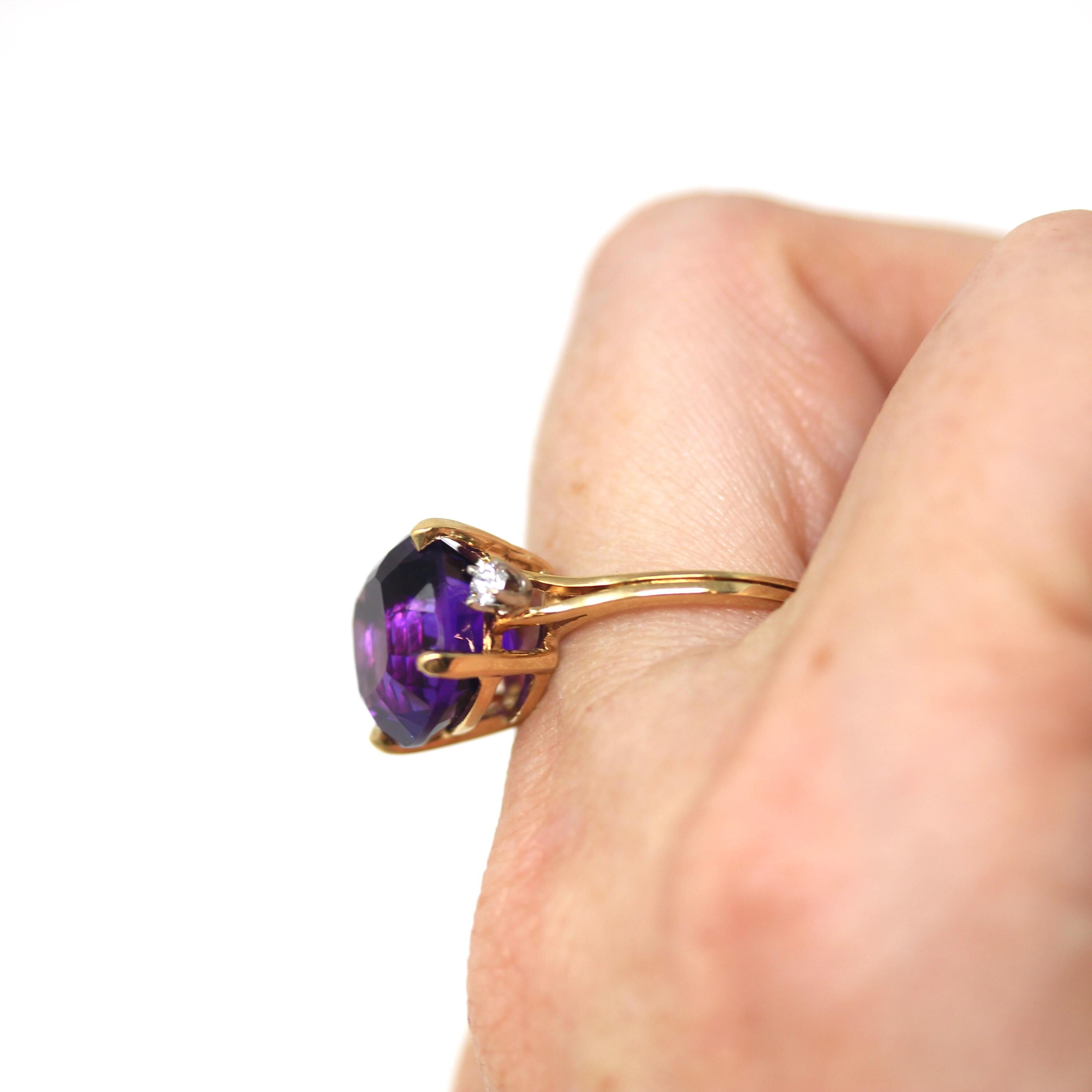 Amethyst & Diamond Ring - Estate 18k Yellow Gold Purple 6.19 CT Gem - Modern Circa 1980s Era Size 7 3/4 February Birthstone Fine Jewelry