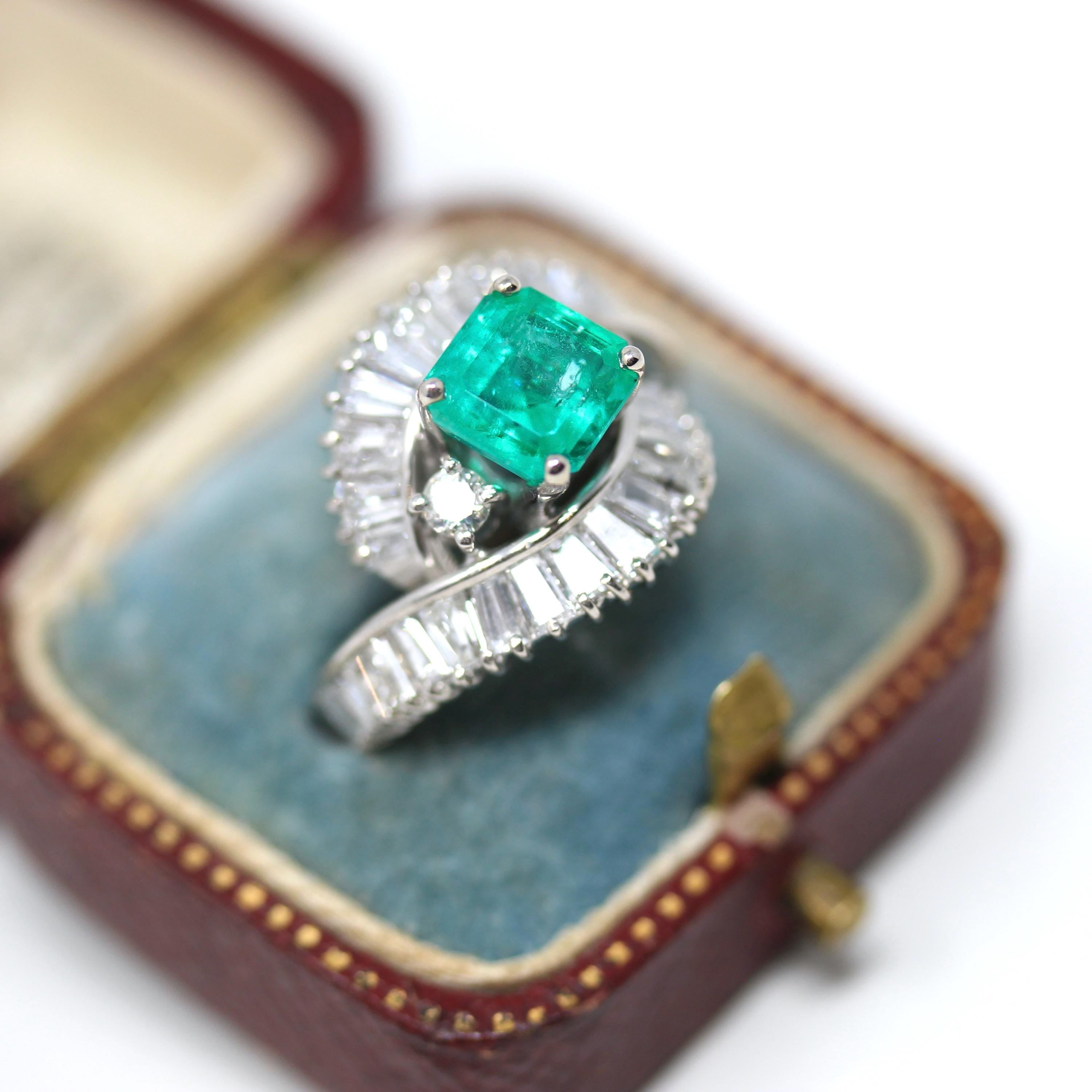 Emerald & Diamond Ring - Estate Platinum 1.68CT Green Square Step Cut Natural Beryl - Vintage Engagement Fine Bypass Baguette Report Jewelry