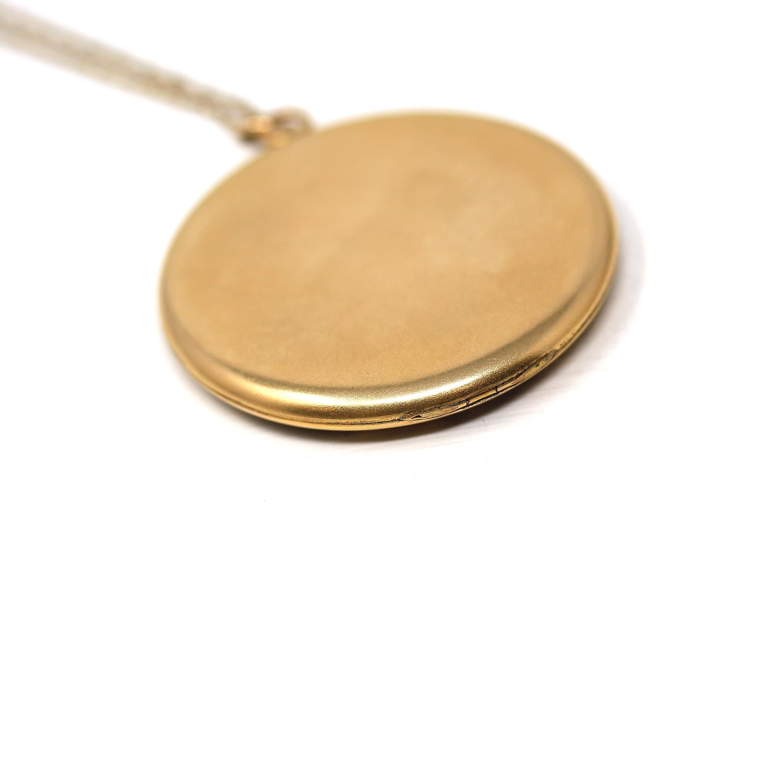 Antique Flower Locket - Edwardian Era Gold Filled Rhinestone Pendant Necklace - Circa 1910s Round Engraved Photograph Statement Fine Jewelry