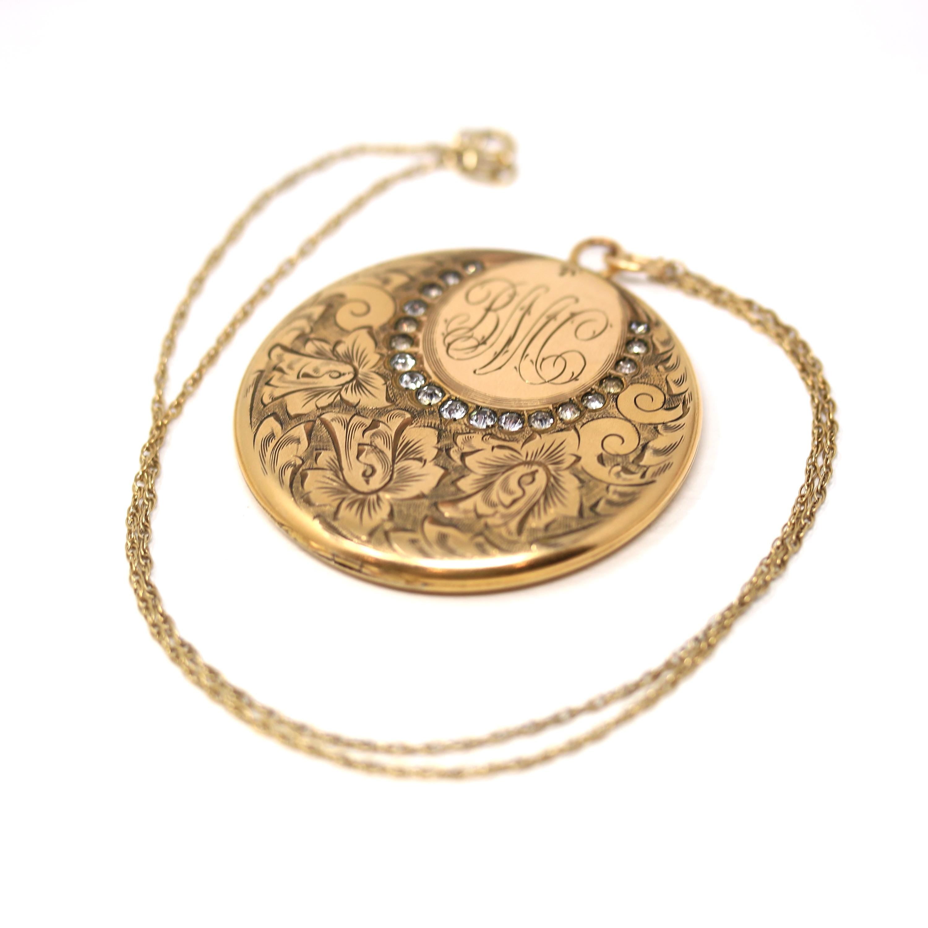 Antique Flower Locket - Edwardian Era Gold Filled Rhinestone Pendant Necklace - Circa 1910s Round Engraved Photograph Statement Fine Jewelry