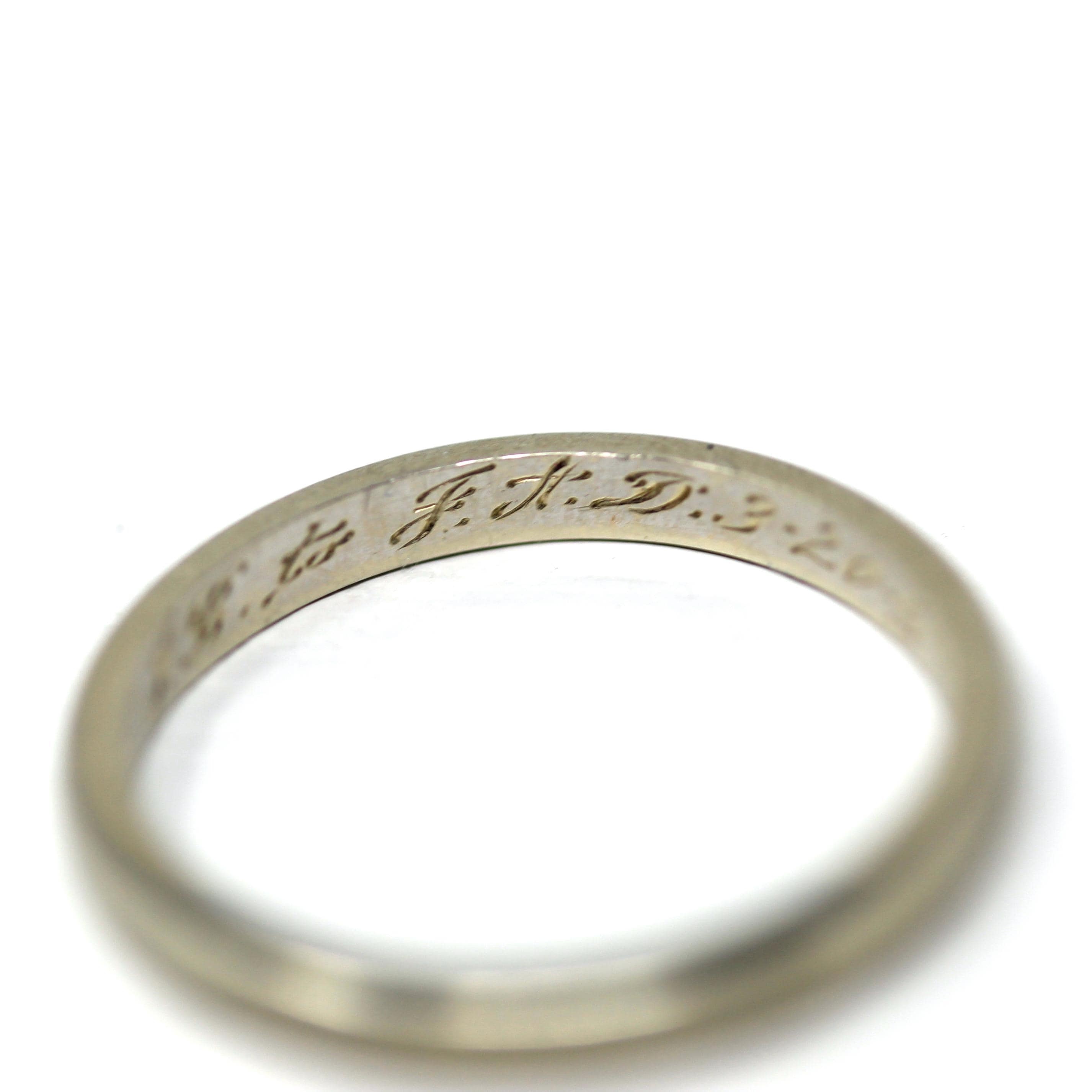 Vintage Wedding Band - Mid Century 14k White Gold Milgrain Plain Stacking Ring with Inscription - Dated 1954 Size 5 1/2 Fine Bridal Jewelry