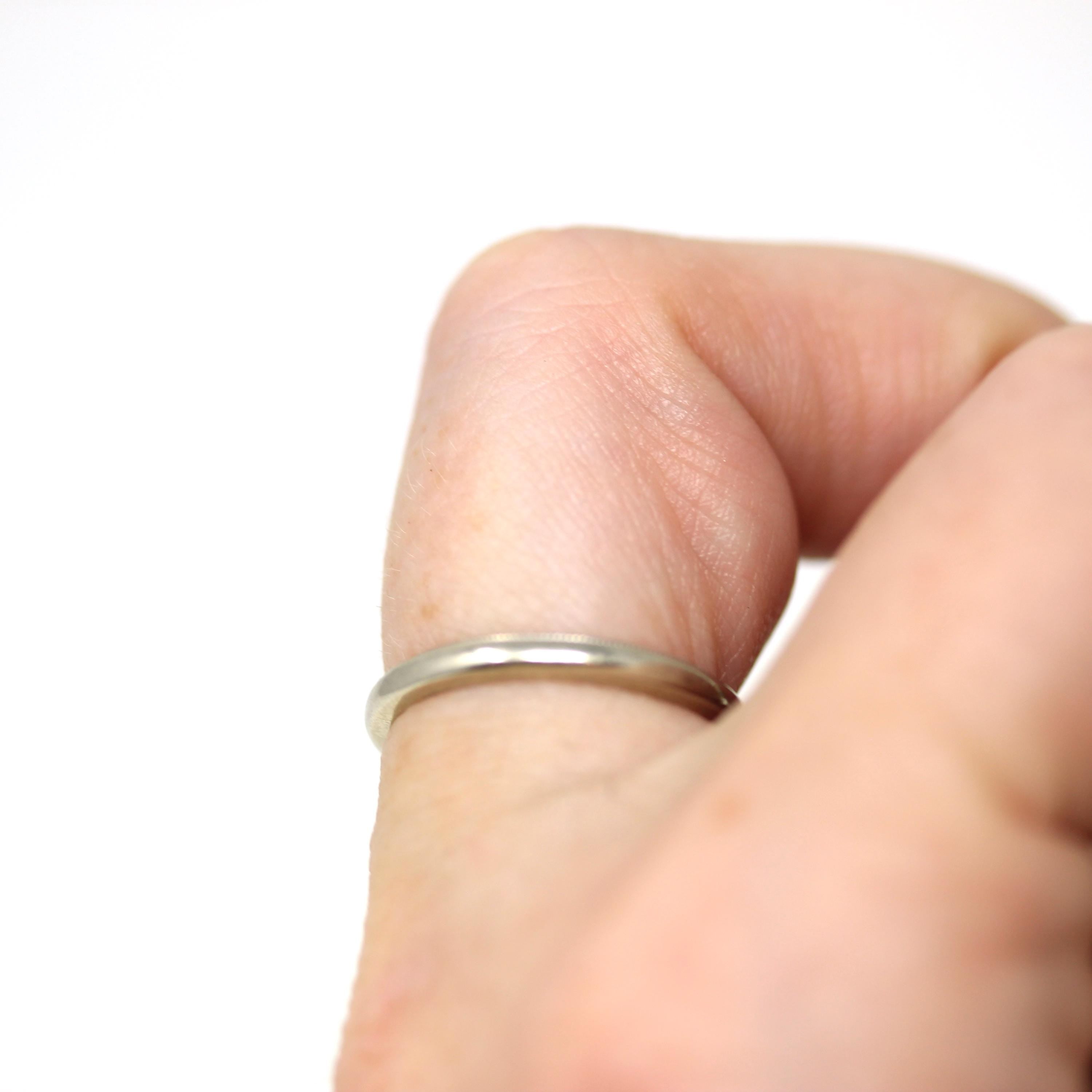 Vintage Wedding Band - Mid Century 14k White Gold Milgrain Plain Stacking Ring with Inscription - Dated 1954 Size 5 1/2 Fine Bridal Jewelry