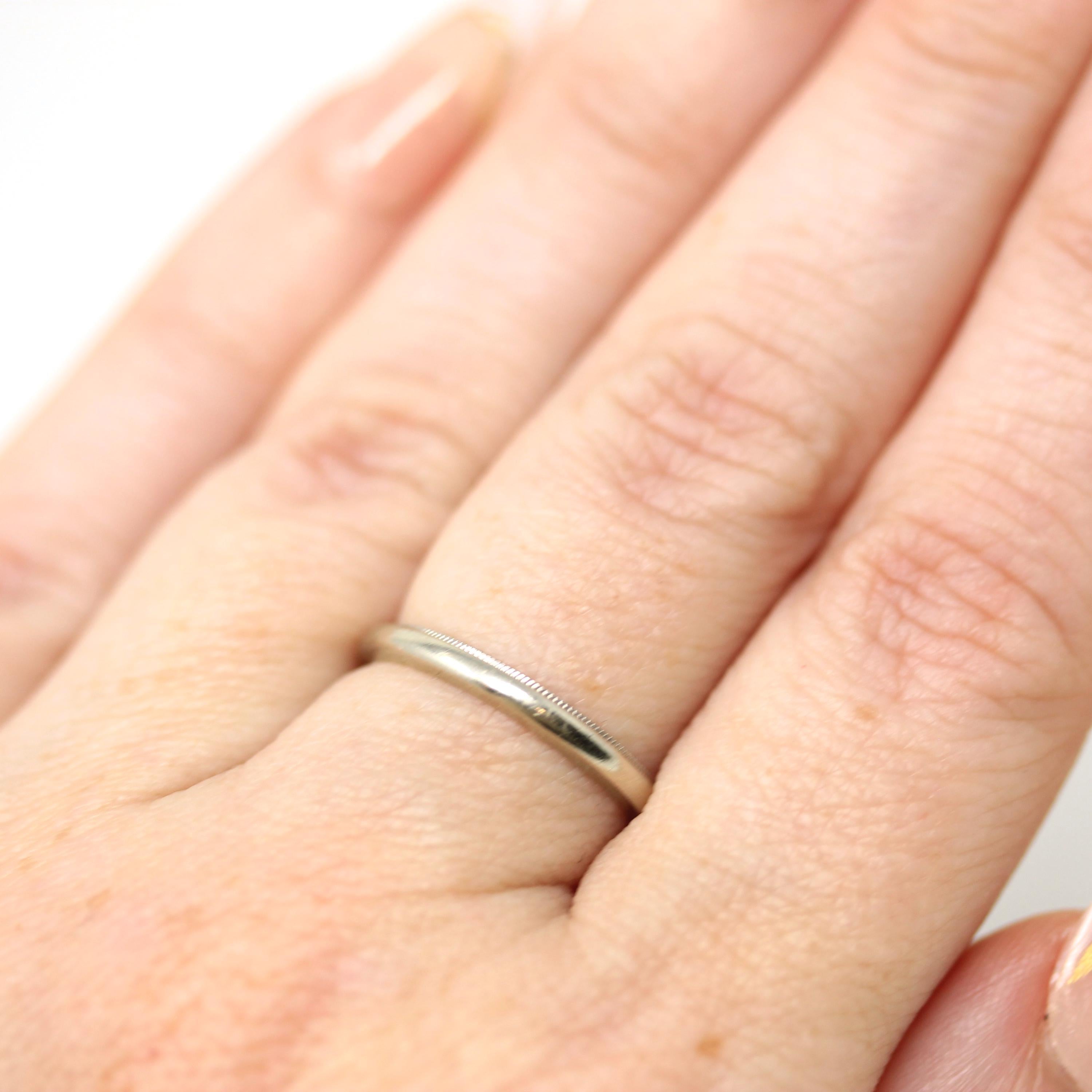 Vintage Wedding Band - Mid Century 14k White Gold Milgrain Plain Stacking Ring with Inscription - Dated 1954 Size 5 1/2 Fine Bridal Jewelry