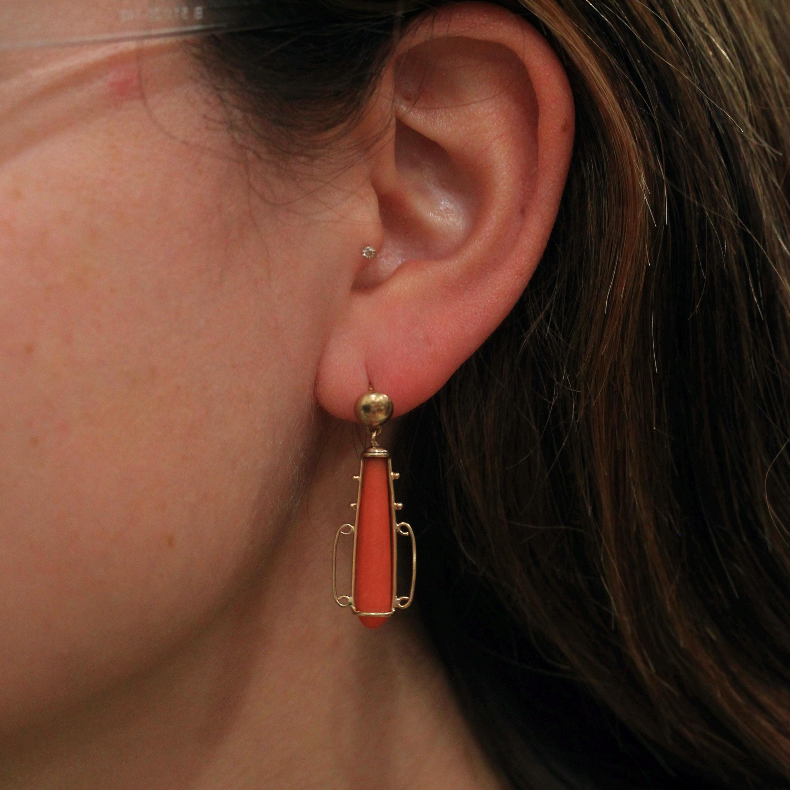 Victorian Coral Earrings - Antique 14k Yellow Cold Natural Calcareous Gemstone Drops - Circa 1890s Era Pierced Fine Etruscan Revival Jewelry