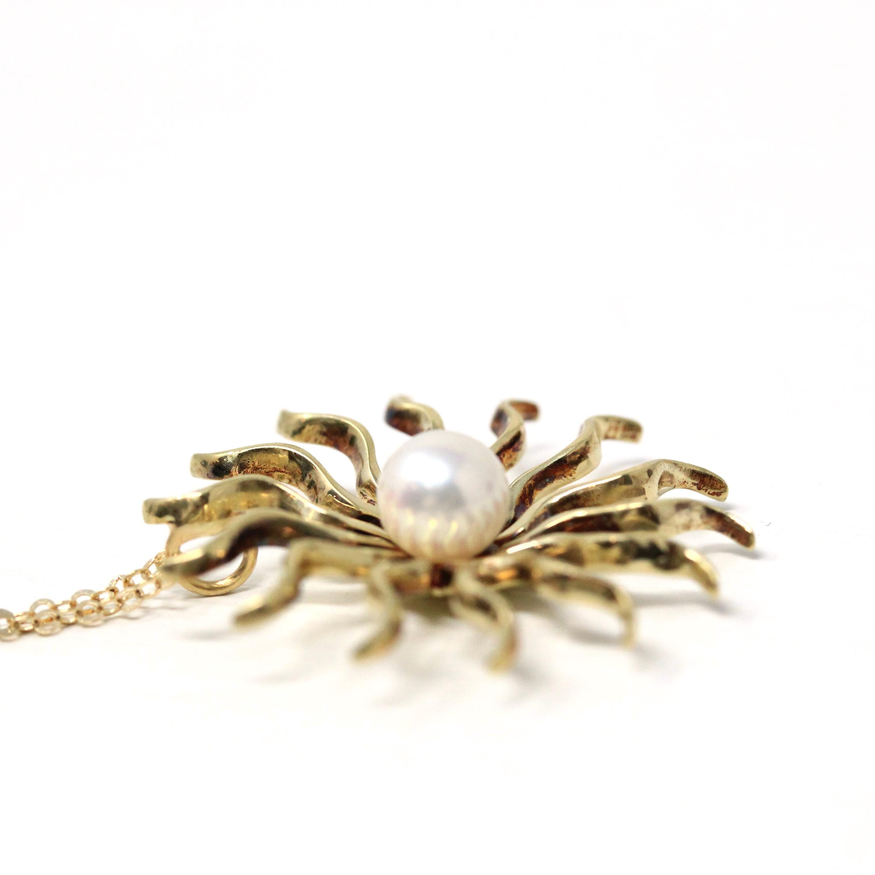 Antique Starburst Necklace - Edwardian 14k Yellow Gold Cultured Pearl Brooch Pendant - Circa 1910s Era Wavy Sun Star Celestial Fine Jewelry
