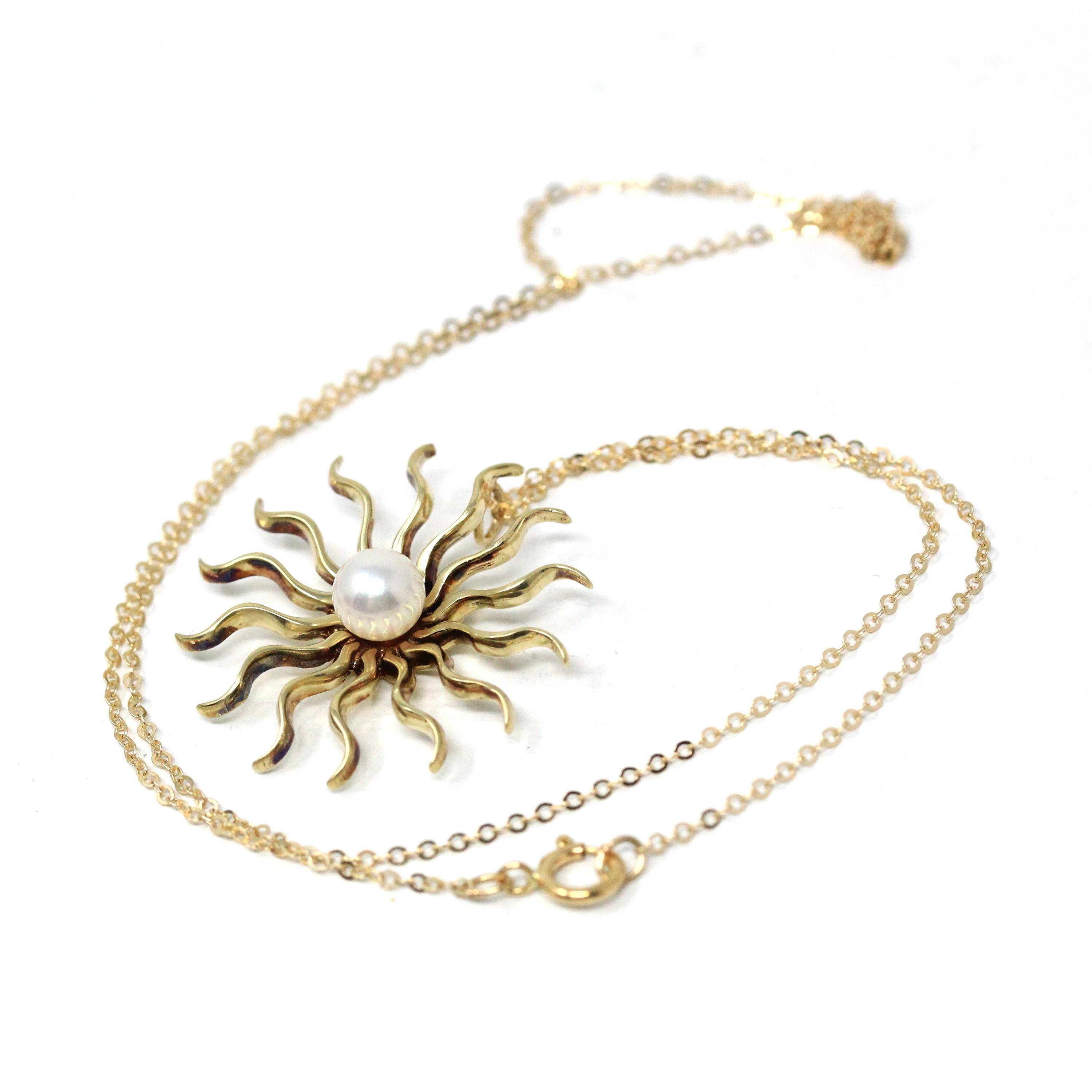 Antique Starburst Necklace - Edwardian 14k Yellow Gold Cultured Pearl Brooch Pendant - Circa 1910s Era Wavy Sun Star Celestial Fine Jewelry