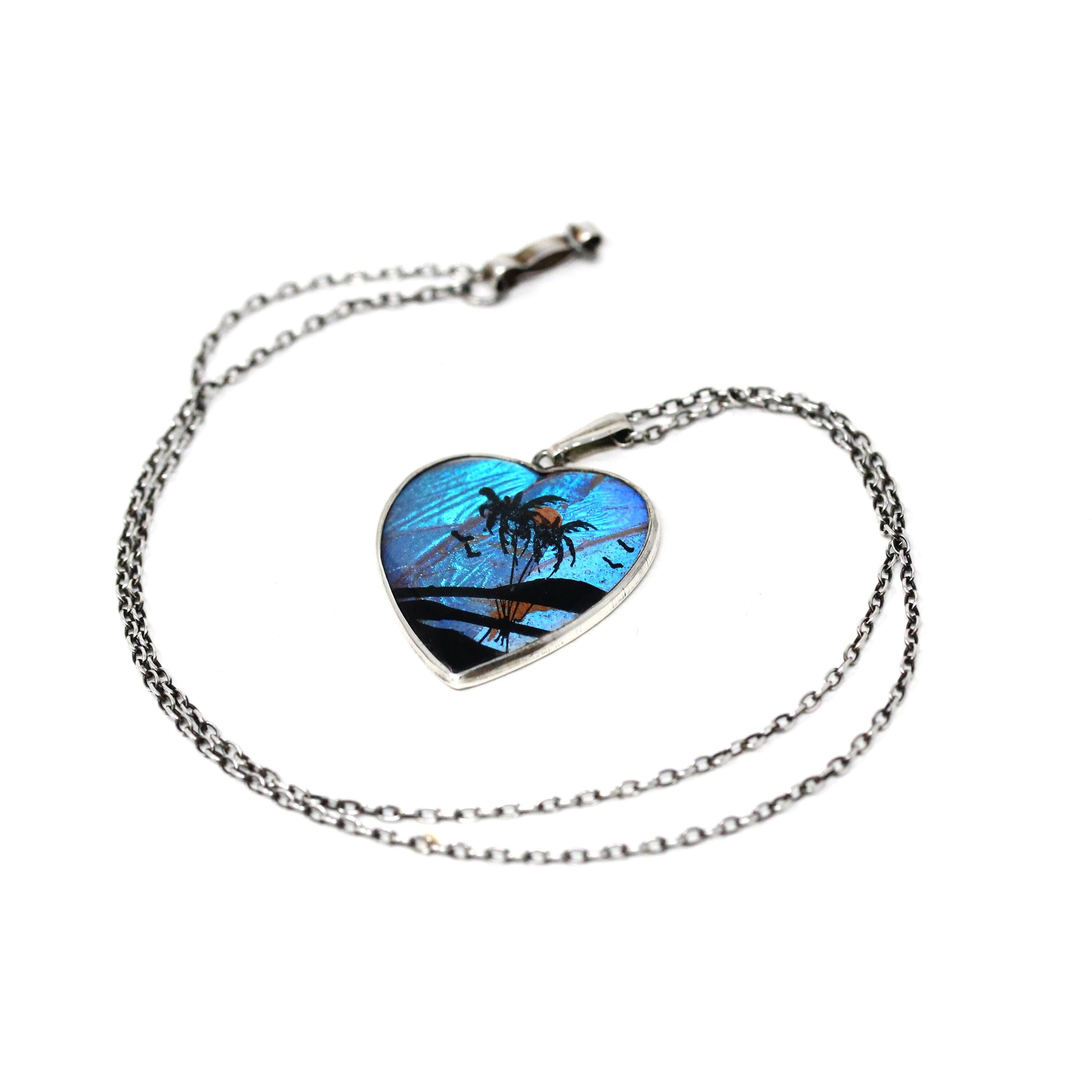 Morpho Butterfly Pendant - Art Deco Sterling Silver Blue Wing Heart Necklace - Vintage Circa 1930s Era Palm Tree Beach Sunset Insect Jewelry