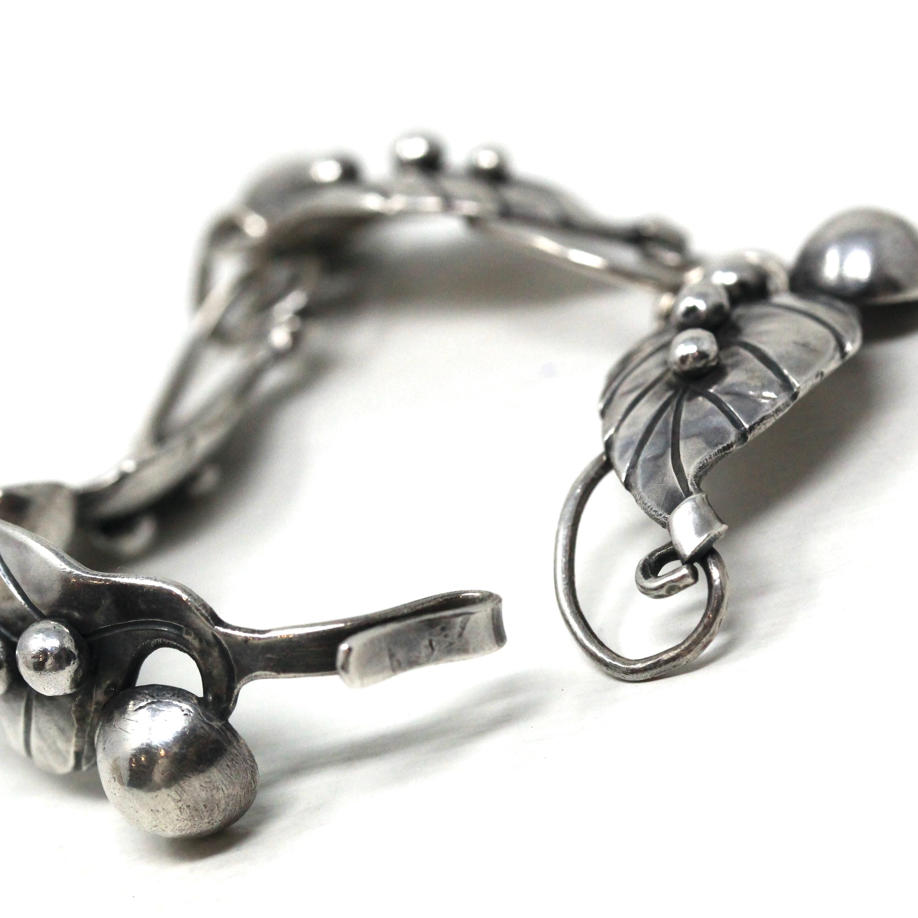 Vintage Leaf Bracelet - Retro Sterling Silver Berries Nature Inspired Panels Statement - Circa 1960s Era Fashion Accessory 60s Jewelry