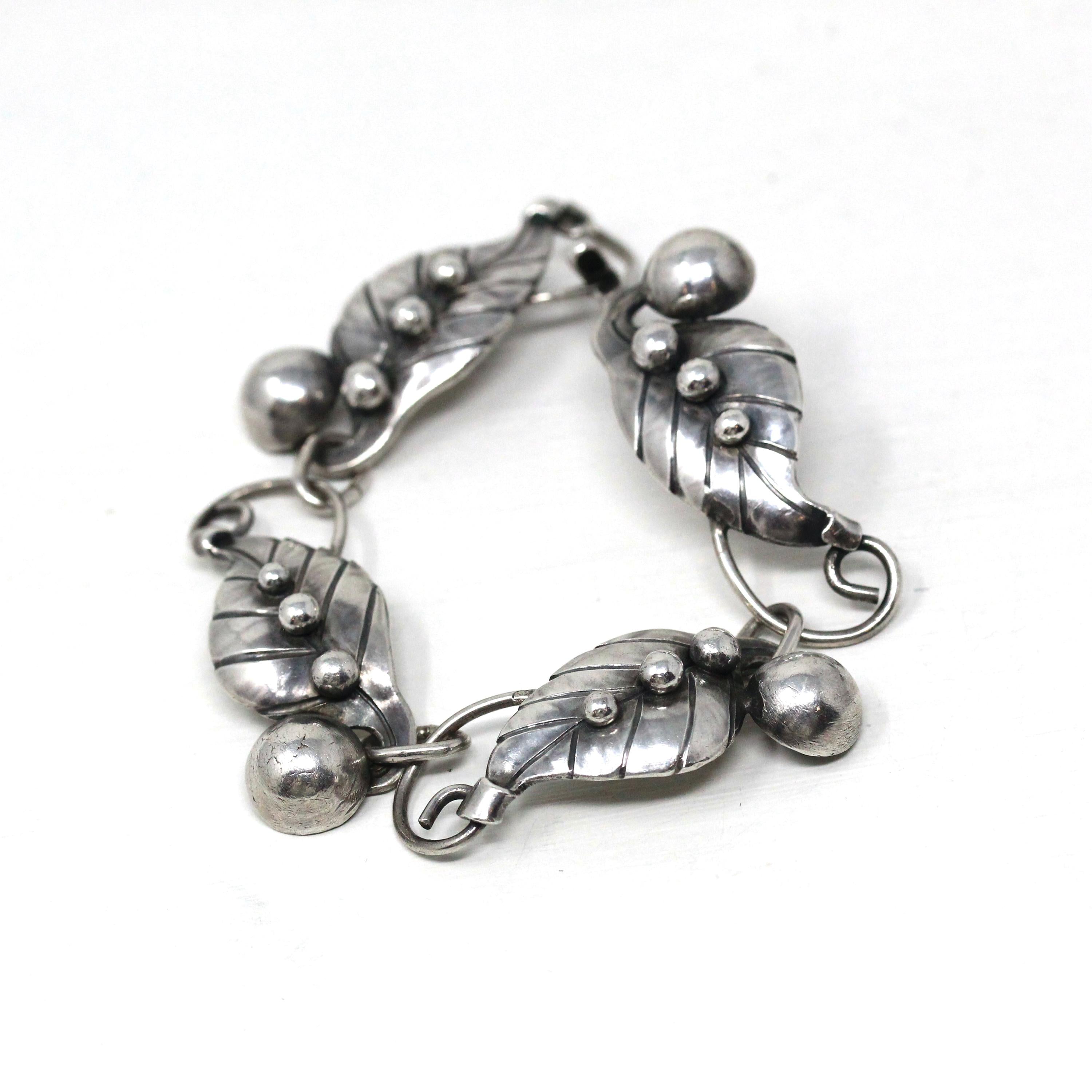 Vintage Leaf Bracelet - Retro Sterling Silver Berries Nature Inspired Panels Statement - Circa 1960s Era Fashion Accessory 60s Jewelry
