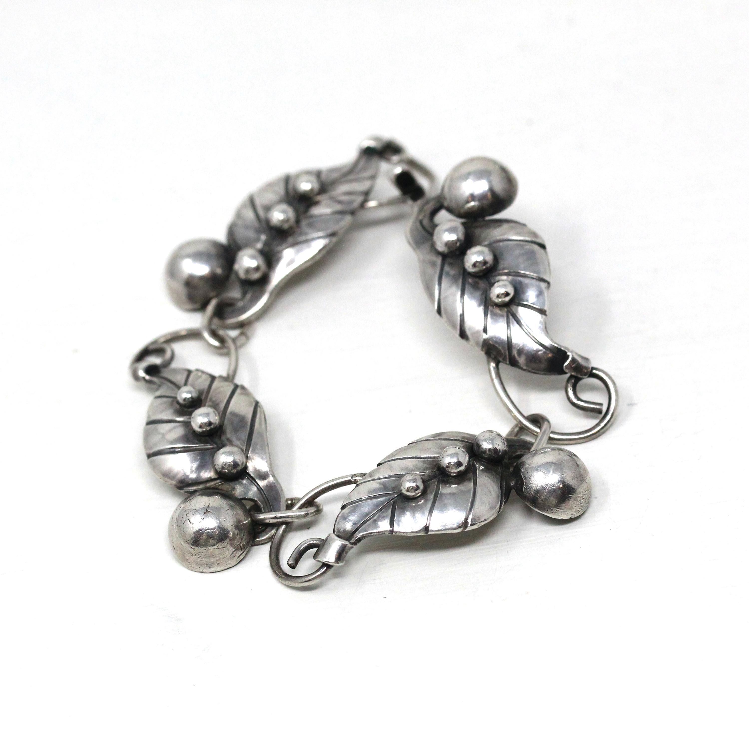 Vintage Leaf Bracelet - Retro Sterling Silver Berries Nature Inspired Panels Statement - Circa 1960s Era Fashion Accessory 60s Jewelry