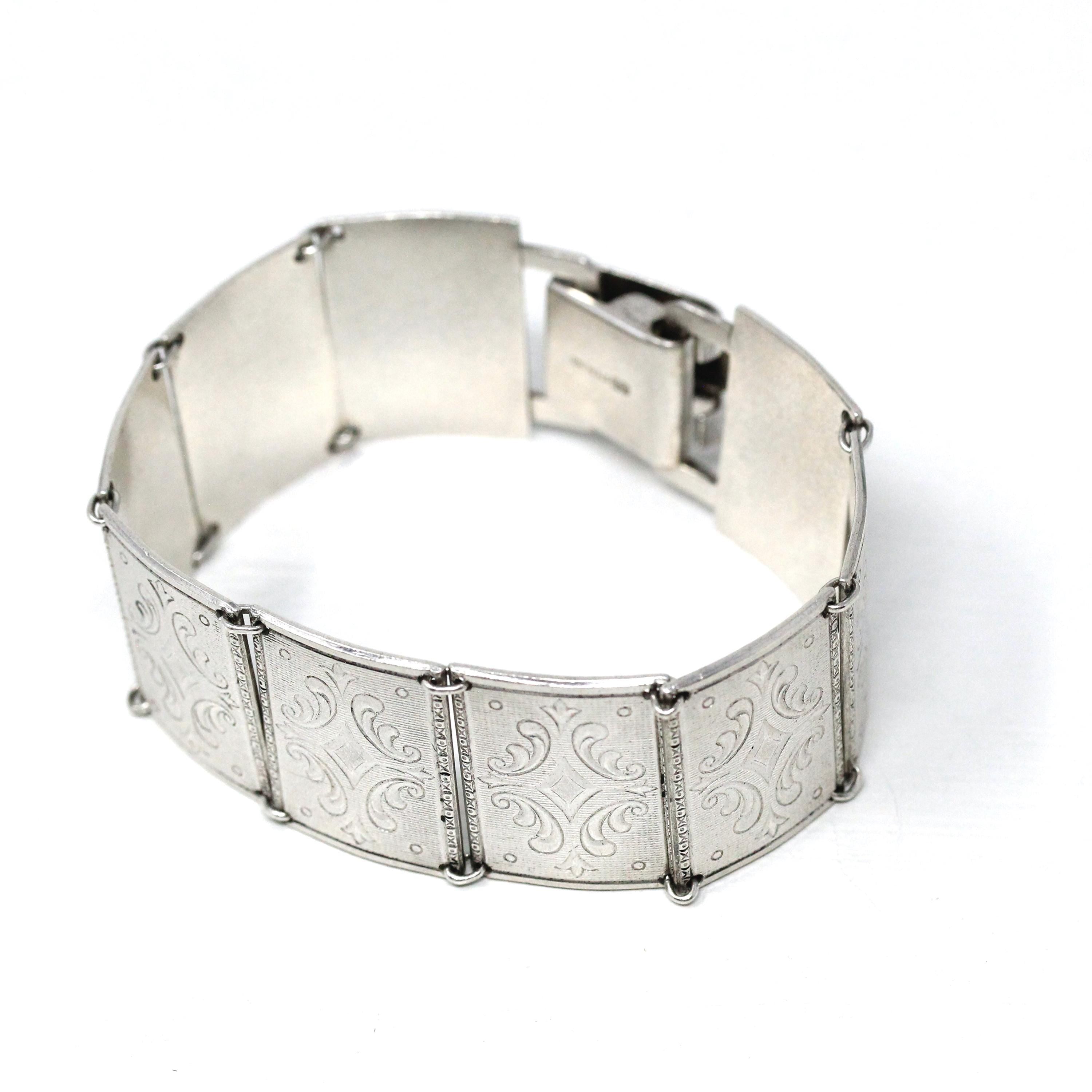 Vintage Panel Bracelet - Retro Sterling Silver Ornate Decorative Designs Inspired Statement - Circa 1960s Fashion Accessory 60s Jewelry