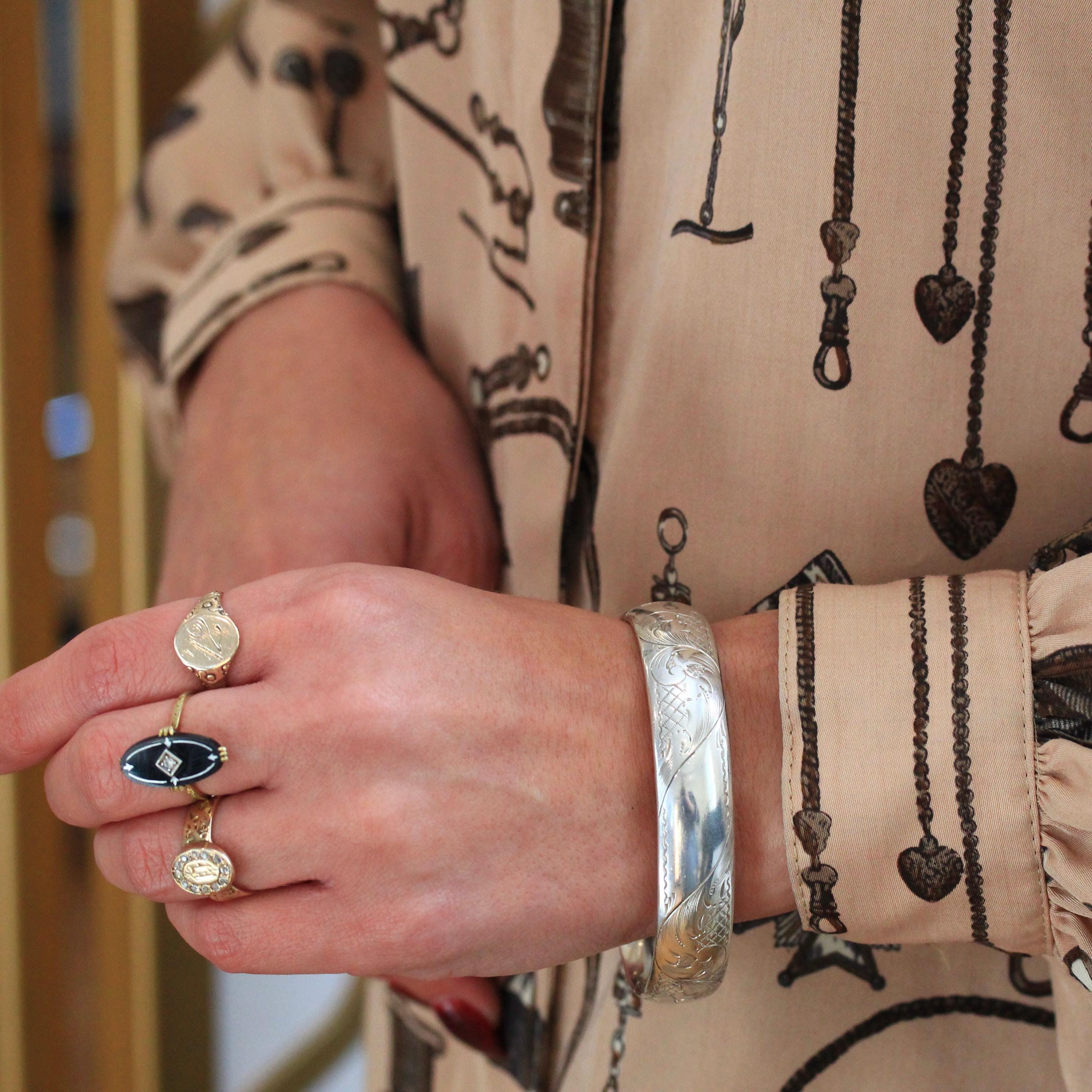 Vintage Bangle Bracelet - Retro Sterling Silver Engraved Nature Inspired Design Brushed Finish - Circa 1940s Era Statement Accessory Jewelry