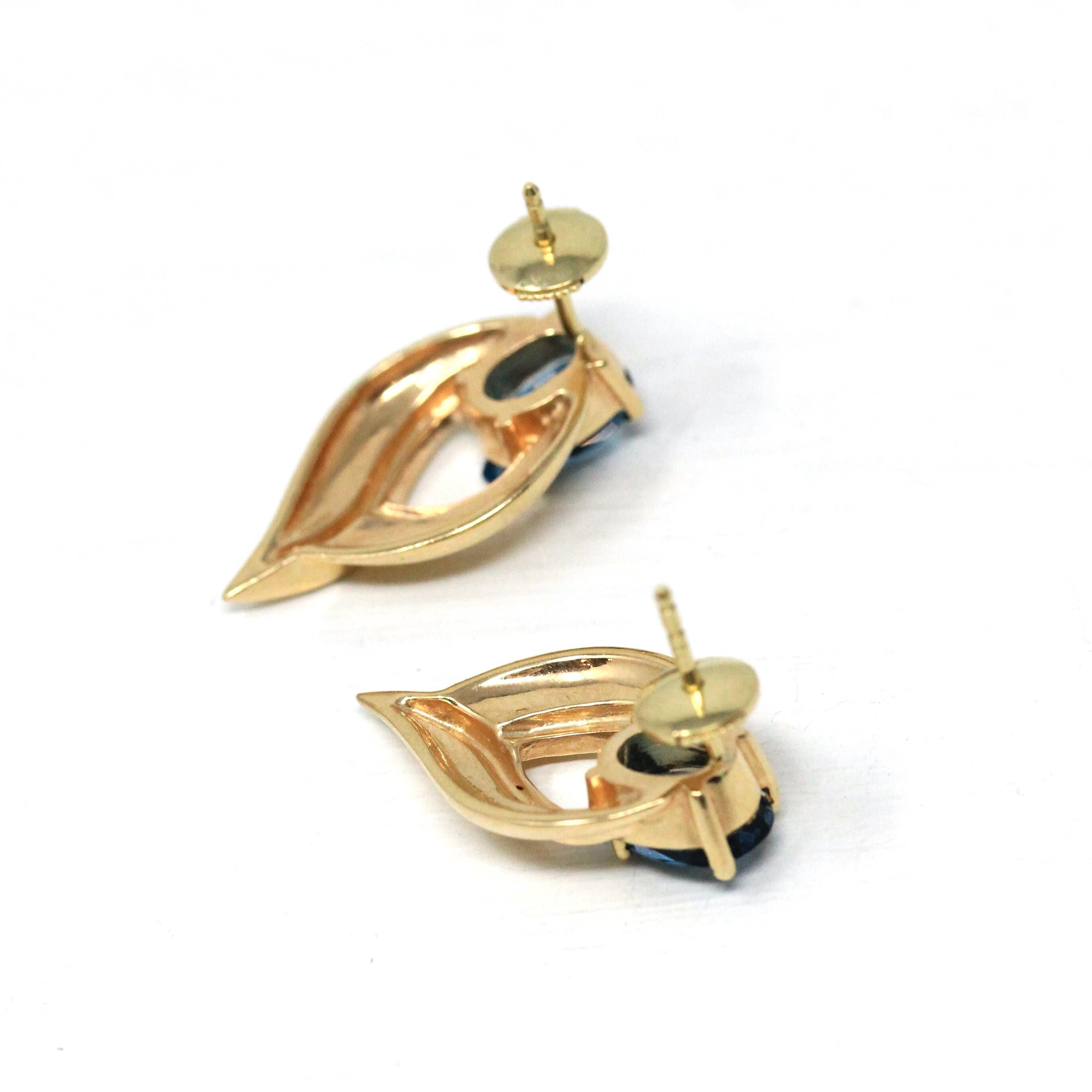 London Blue Topaz Earrings - Estate 14k Yellow Gold Natural Pear Shape Gemstone Studs - Modern 2000s Era Pierced Push Back Fine Jewelry