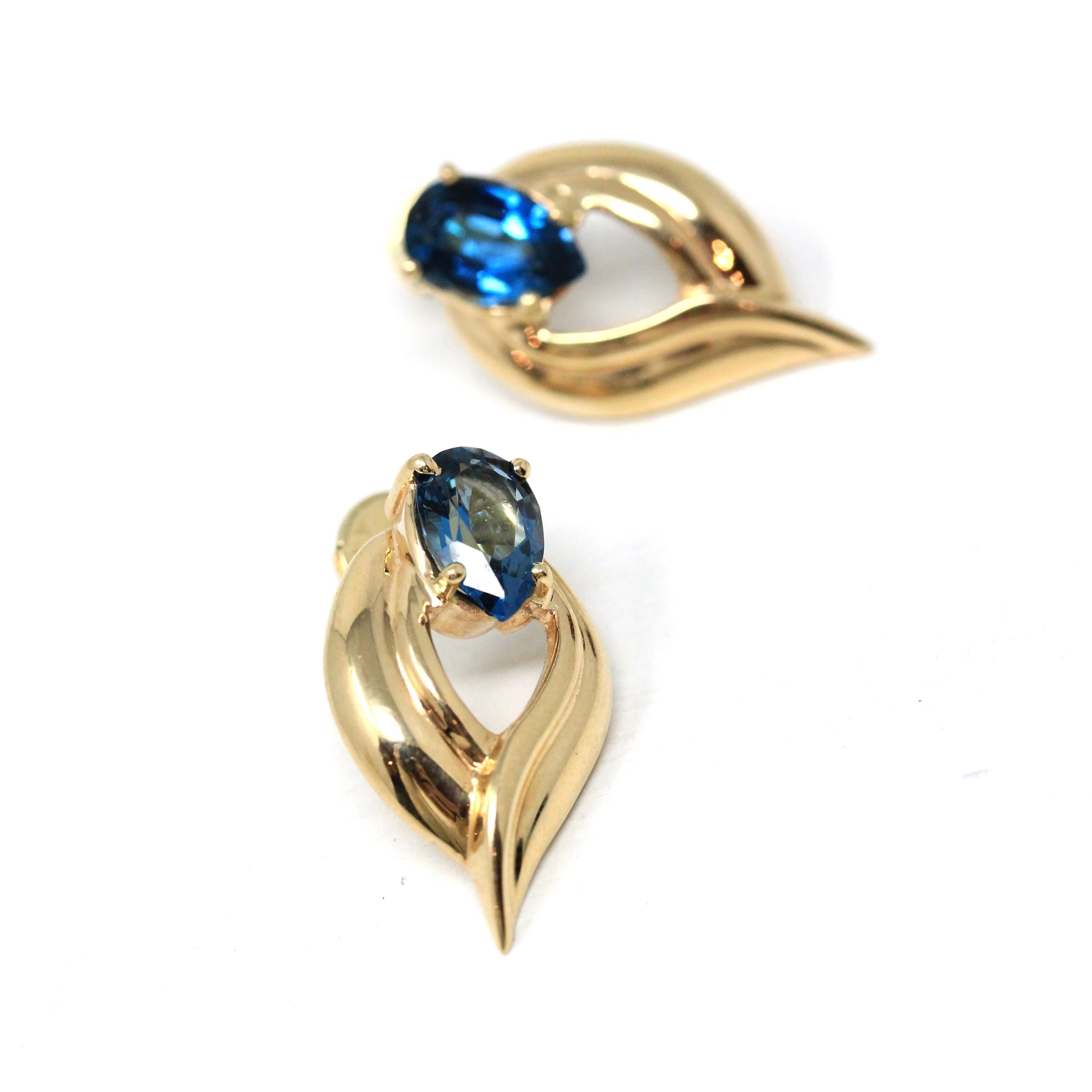 London Blue Topaz Earrings - Estate 14k Yellow Gold Natural Pear Shape Gemstone Studs - Modern 2000s Era Pierced Push Back Fine Jewelry