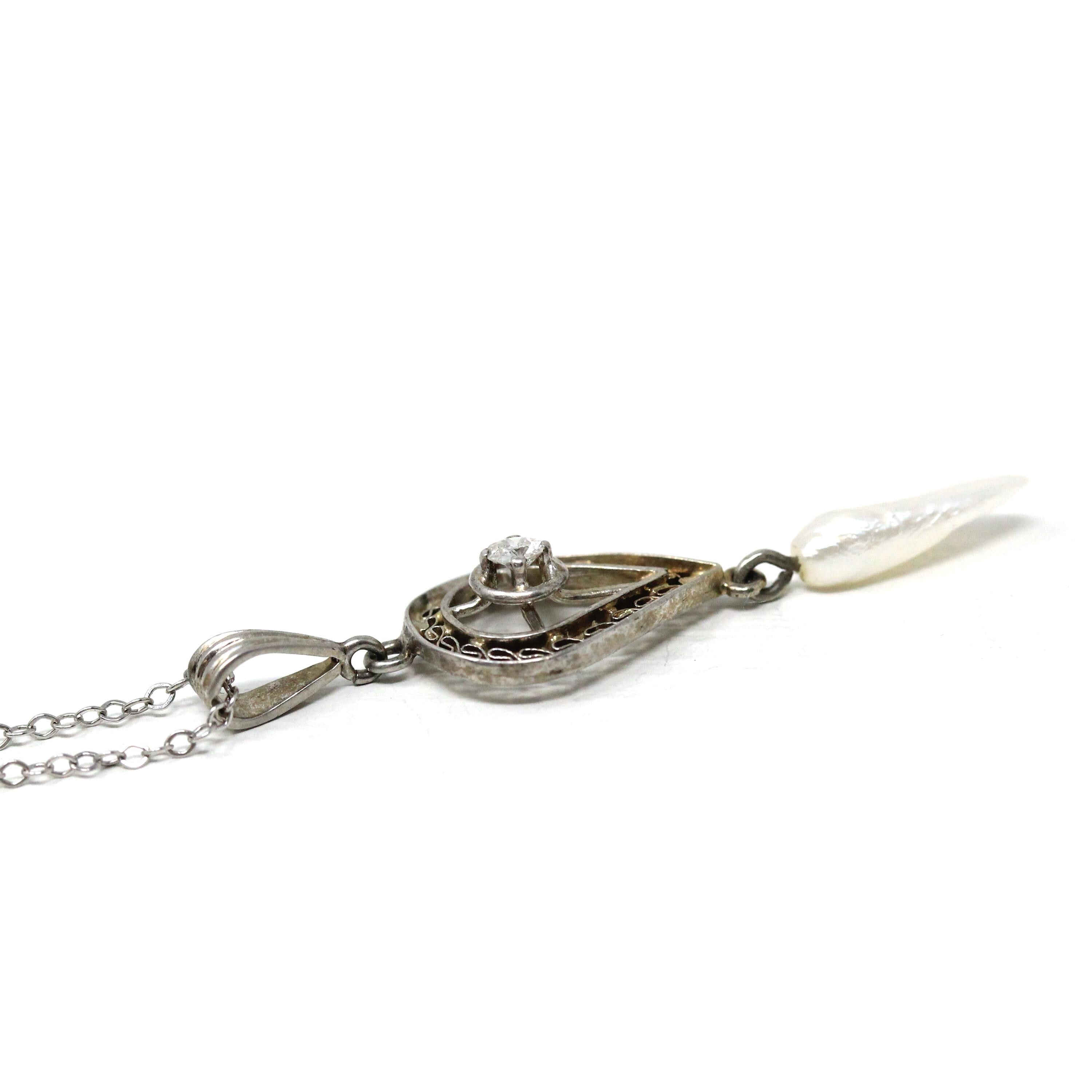 Antique Diamond Lavalier - Art Deco 14k White Gold Natural .06 CT Gemstone Pendant - Circa 1920s Era Art Deco Baroque Pearl Jewelry