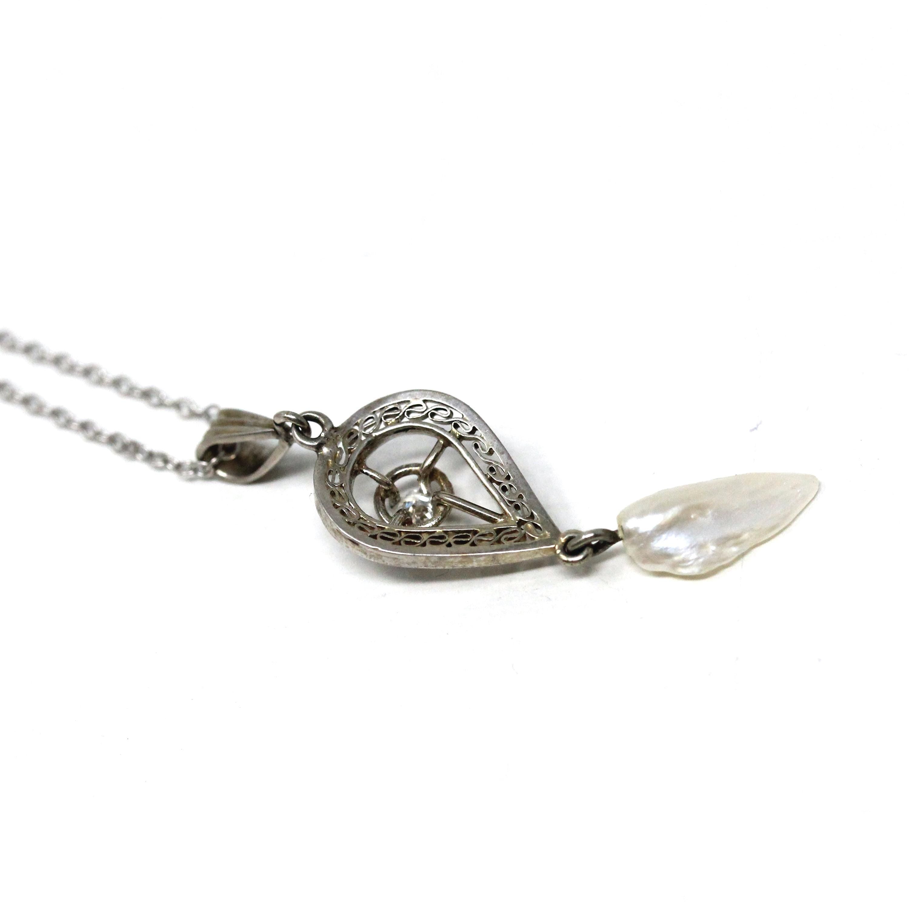 Antique Diamond Lavalier - Art Deco 14k White Gold Natural .06 CT Gemstone Pendant - Circa 1920s Era Art Deco Baroque Pearl Jewelry
