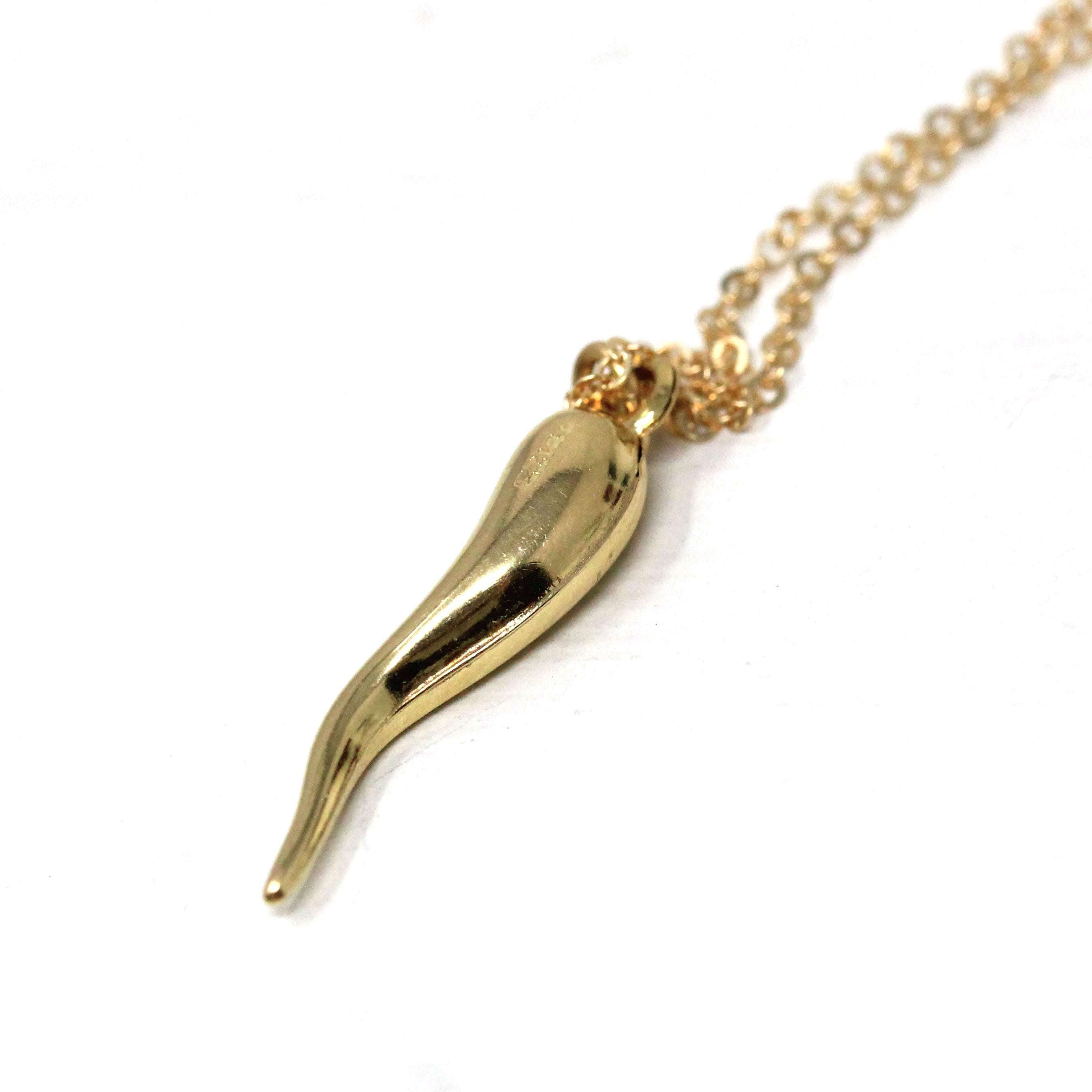 Italian Horn Charm - Retro 14k Yellow Gold Italy Cornicello Good Luck Pendant Necklace - Vintage Circa 1970s Ward Off Evil Amulet Jewelry