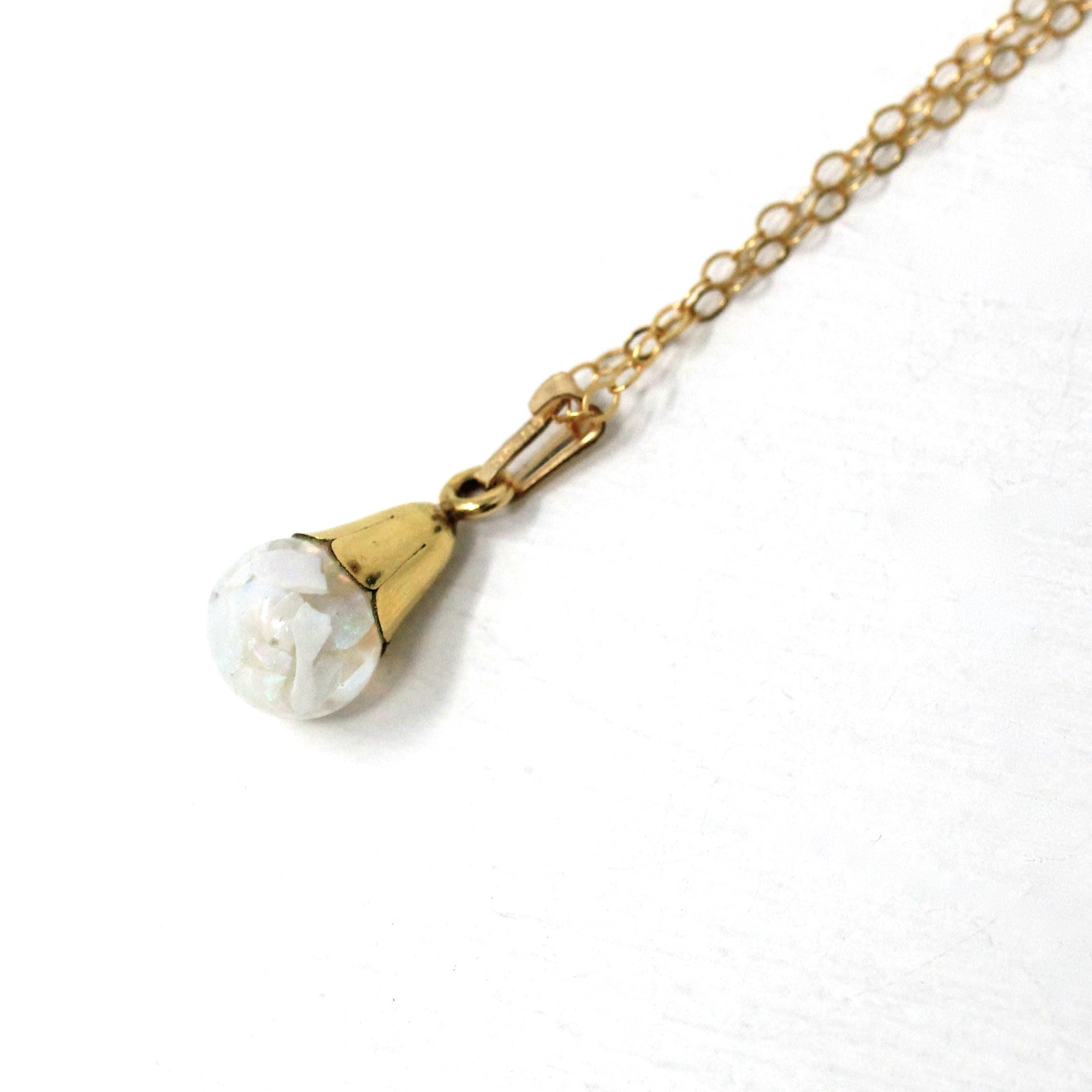 Floating Opal Charm - Retro 14k Gold Filled Flower Cap Natural Gemstone Sphere Orb Fob - Vintage 1940s Era Liquid Teardrop Pendant Jewelry