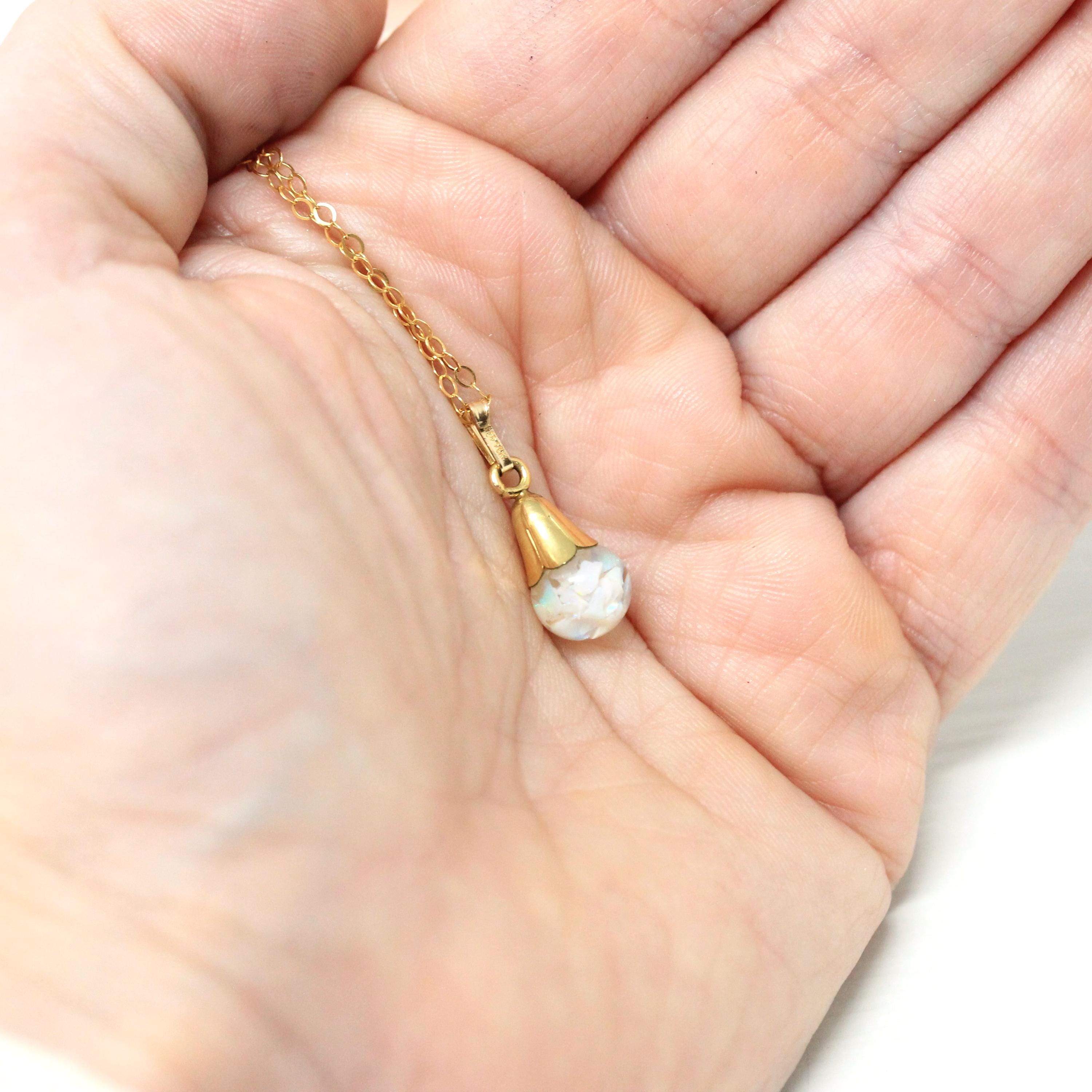 Floating Opal Charm - Retro 14k Gold Filled Flower Cap Natural Gemstone Sphere Orb Fob - Vintage 1940s Era Liquid Teardrop Pendant Jewelry