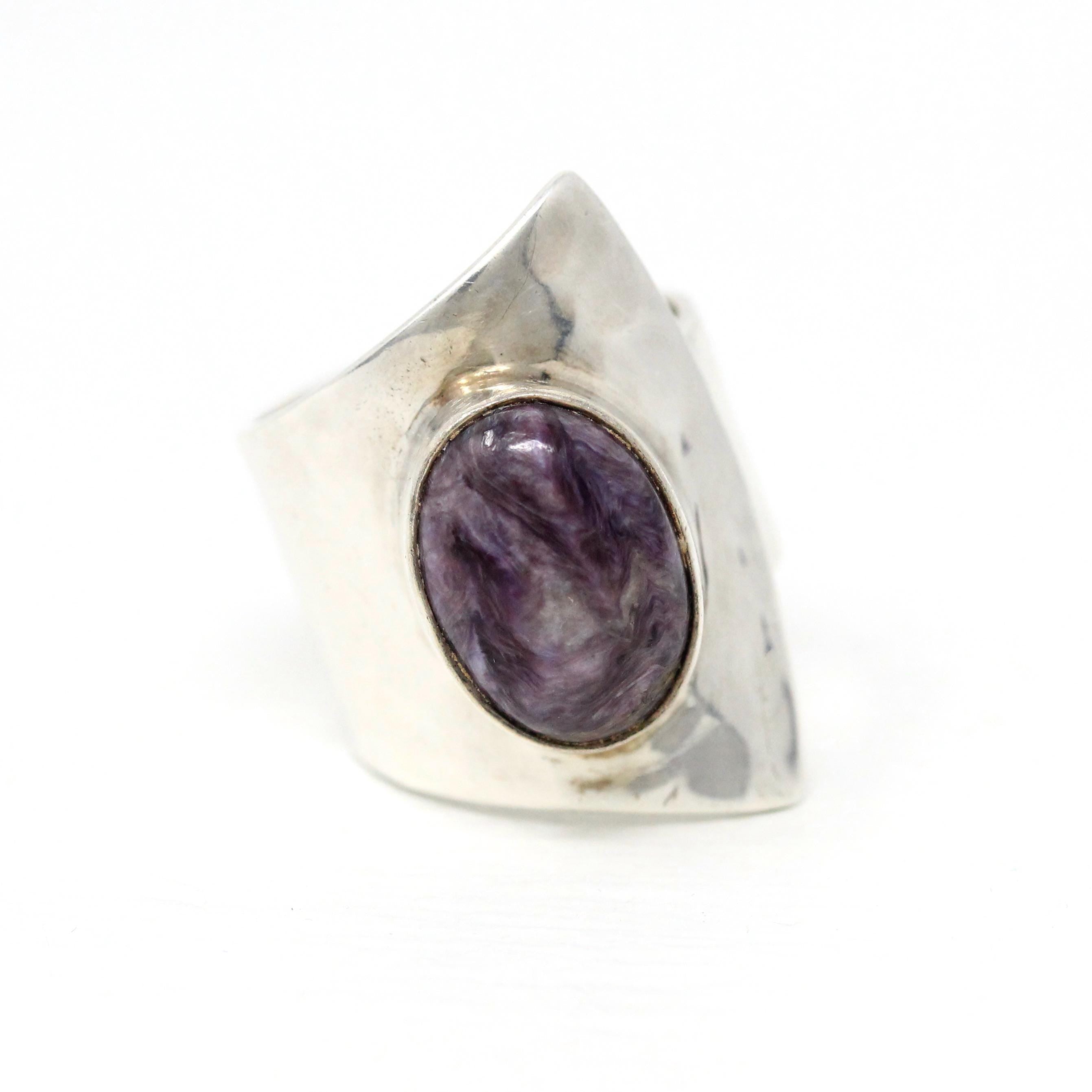 Modern Charoite Ring - Estate Sterling Silver Natural Cabochon Gemstone - Circa 2000s Era Y2K Asymmetrical Adjustable Wrap Statement Jewelry
