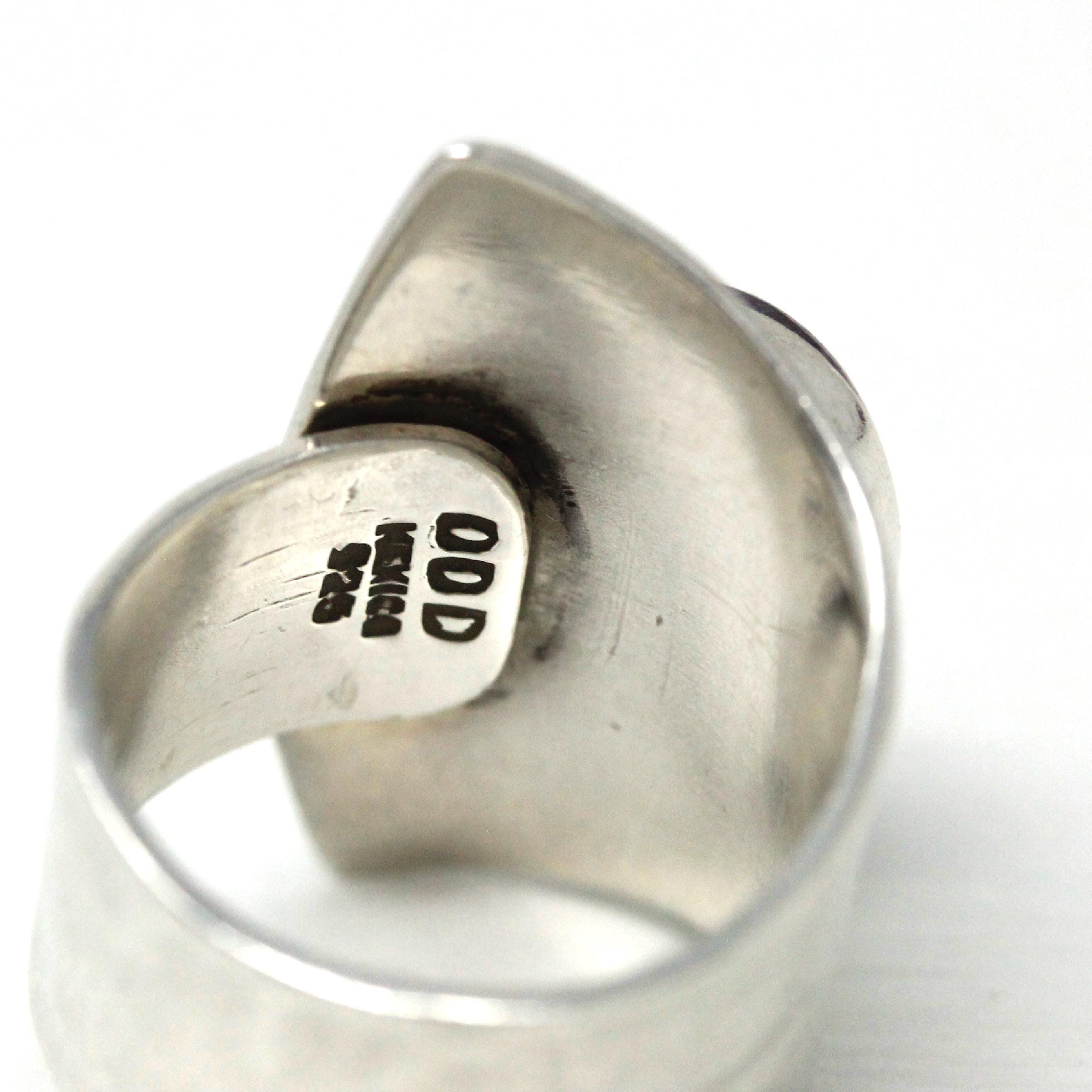 Modern Charoite Ring - Estate Sterling Silver Natural Cabochon Gemstone - Circa 2000s Era Y2K Asymmetrical Adjustable Wrap Statement Jewelry