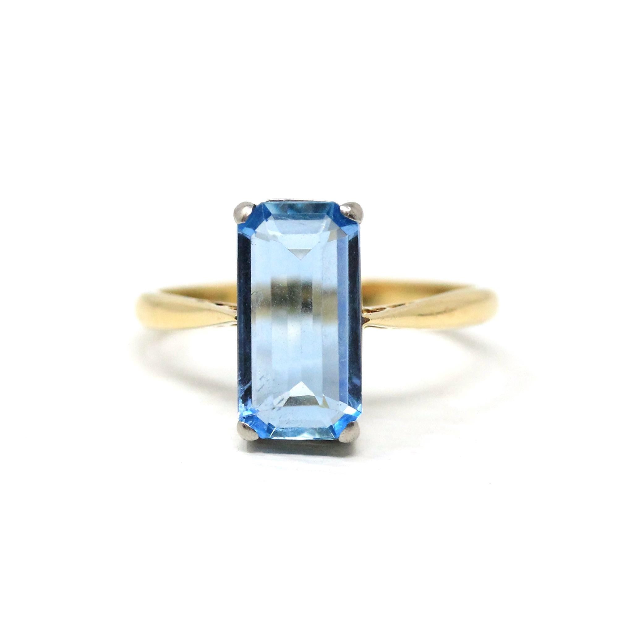 Estate Aquamarine Ring - Modern 18k Yellow & White Gold Elongated Emerald Cut 2.25 CT Natural Blue Gem - Circa 2000s Size 7 3/4 Fine Jewelry