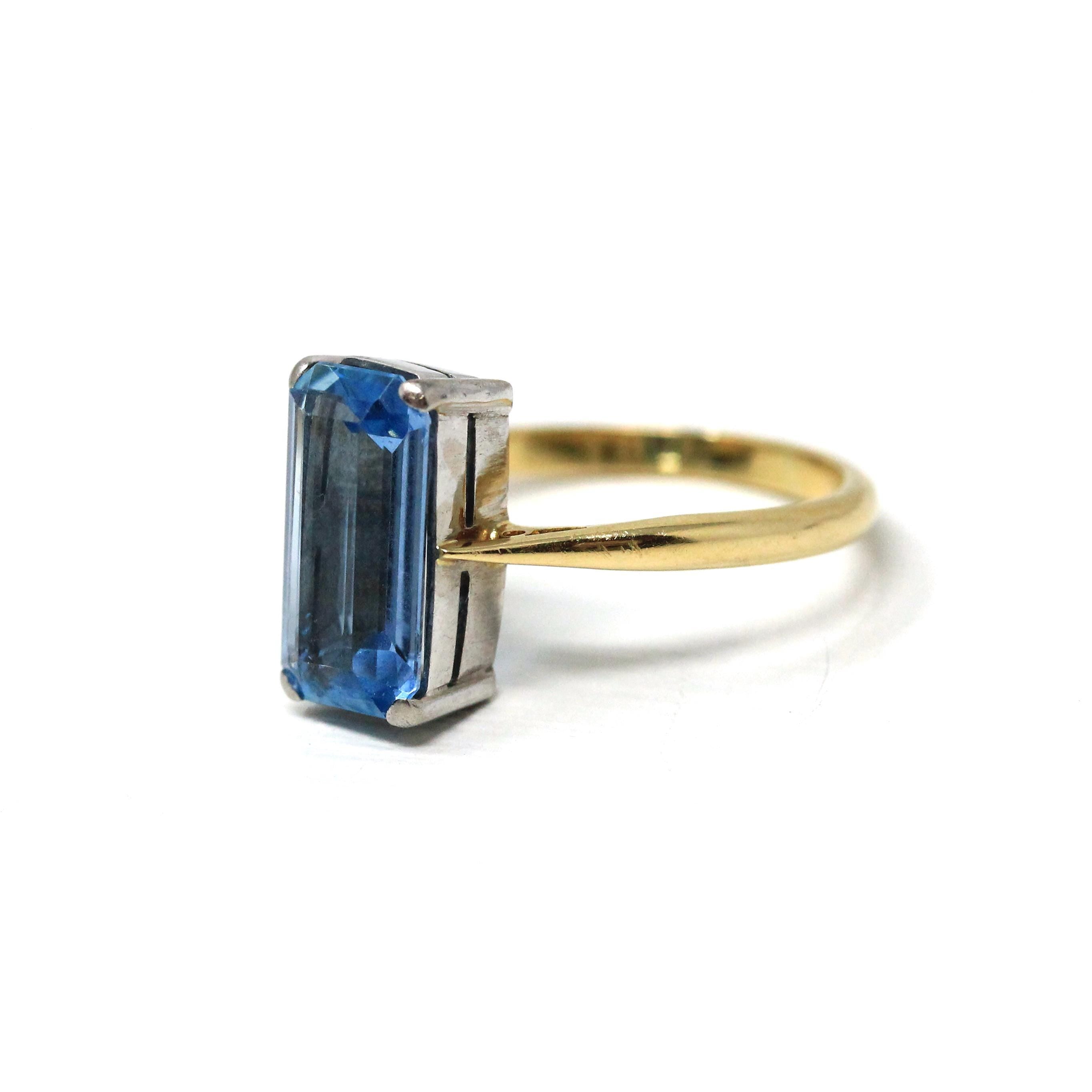Estate Aquamarine Ring - Modern 18k Yellow & White Gold Elongated Emerald Cut 2.25 CT Natural Blue Gem - Circa 2000s Size 7 3/4 Fine Jewelry