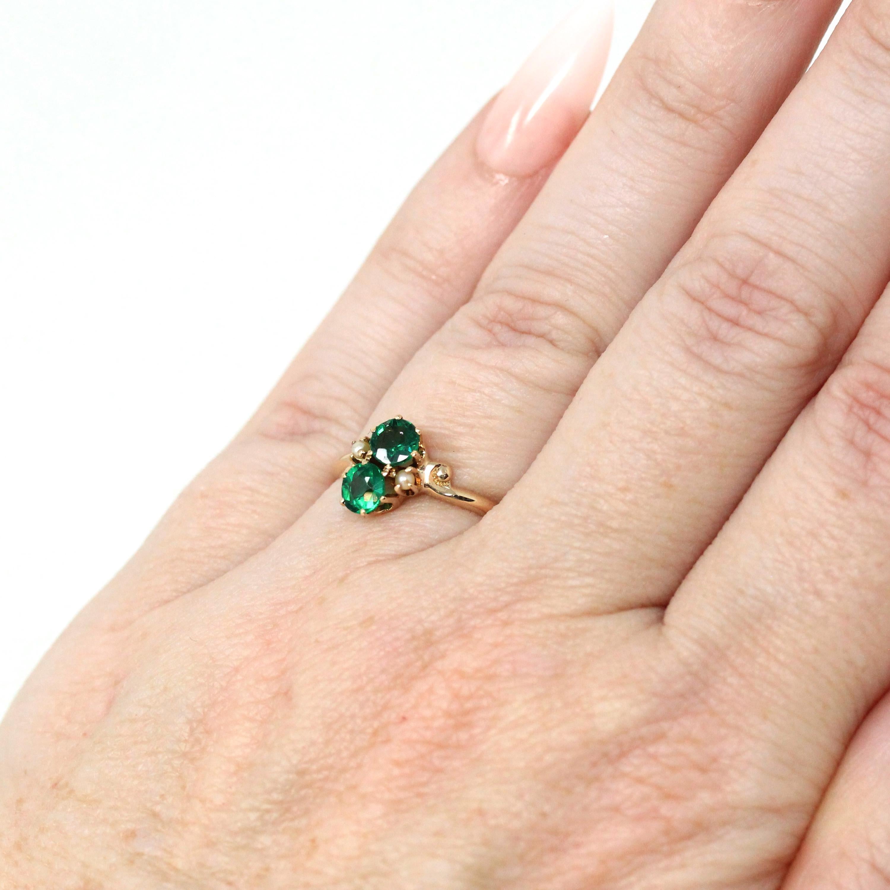 Edwardian Toi Et Moi Ring - Antique 10k Yellow Gold Garnet Glass Doublet Seed Pearls Gemstones - Vintage Circa 1900s Era Size 4 Fine Jewelry