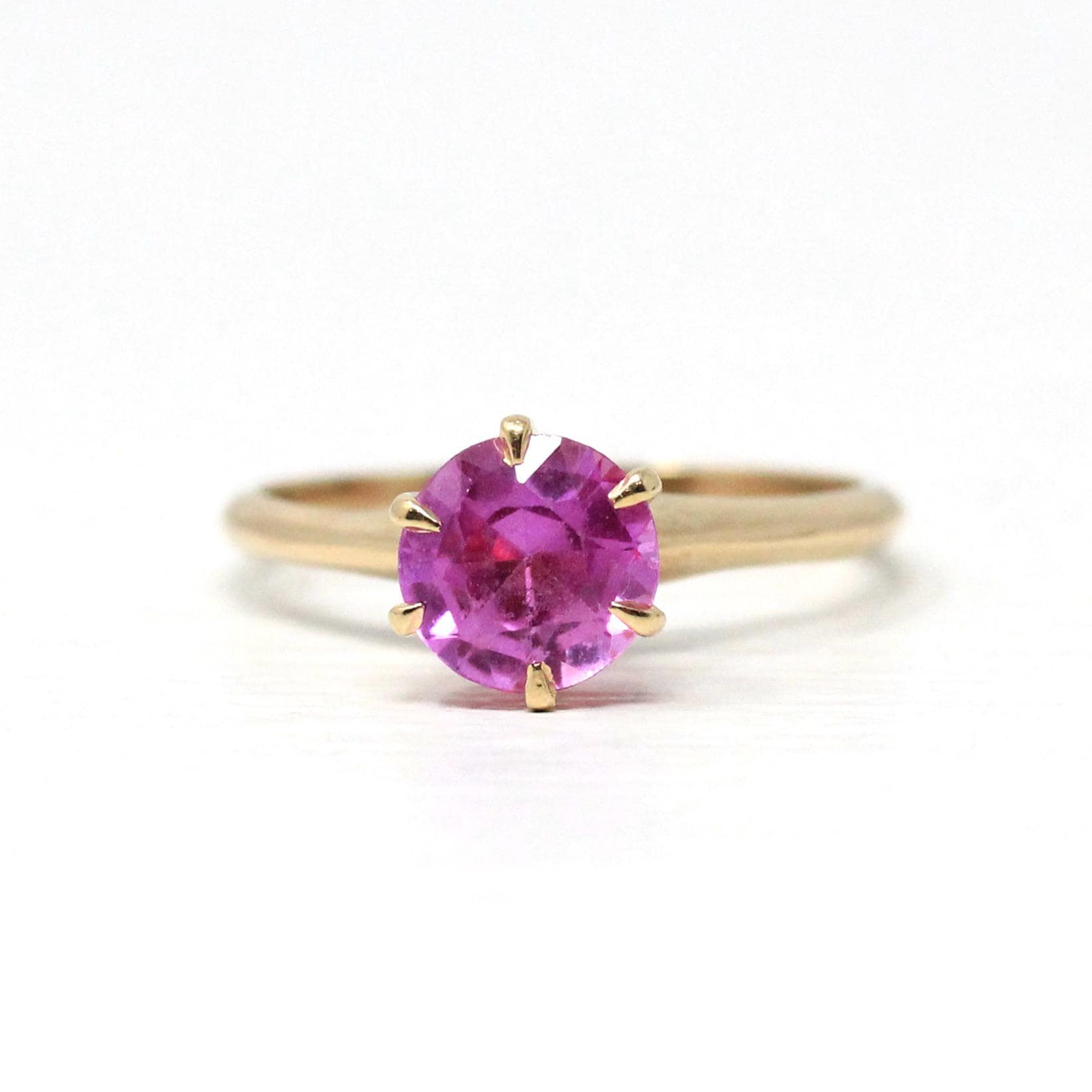 Created Pink Sapphire Ring - Vintage 10k Yellow Gold Round Faceted Retro Solitaire - Circa 1940s Size 6 Fine September Birthstone Jewelry