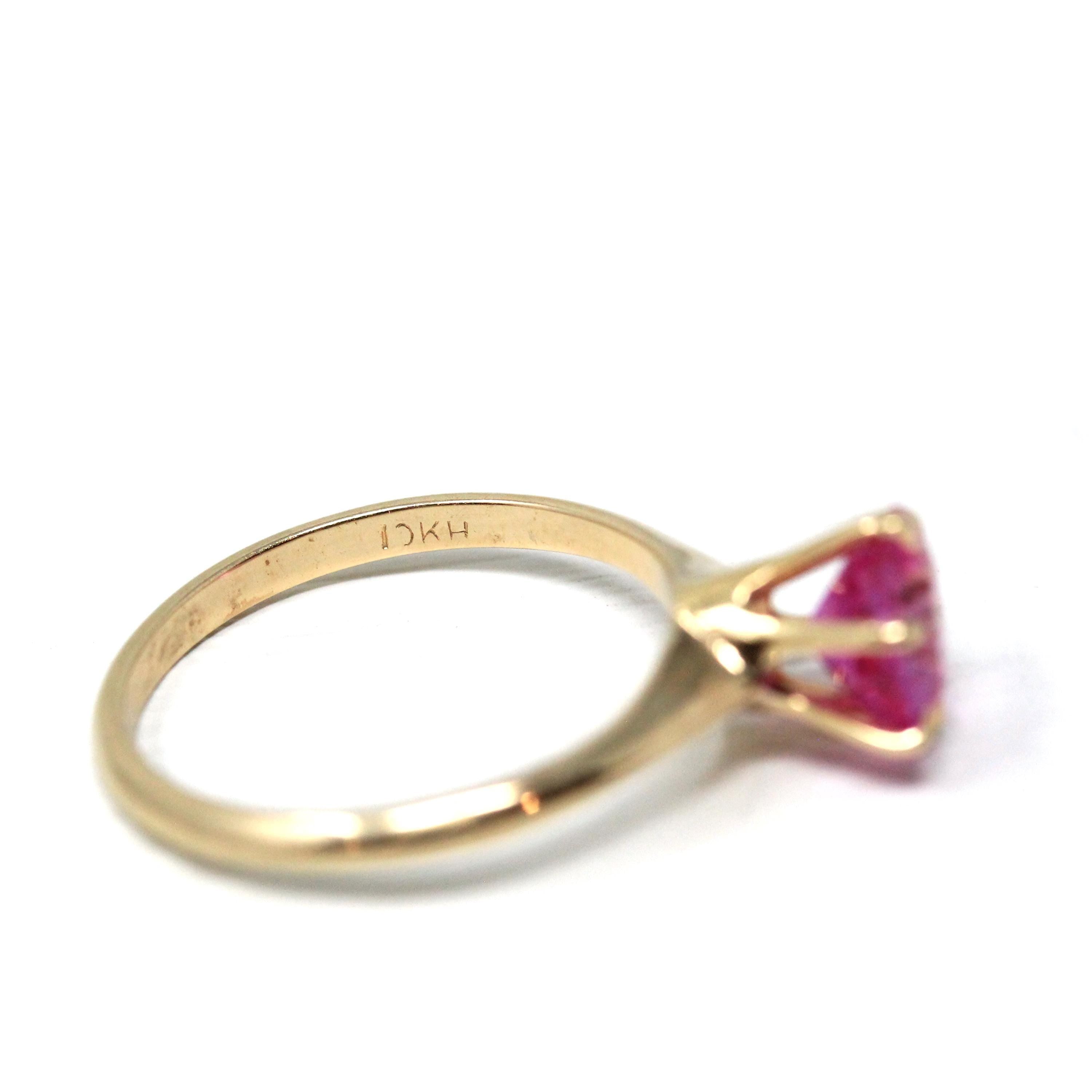 Created Pink Sapphire Ring - Vintage 10k Yellow Gold Round Faceted Retro Solitaire - Circa 1940s Size 6 Fine September Birthstone Jewelry