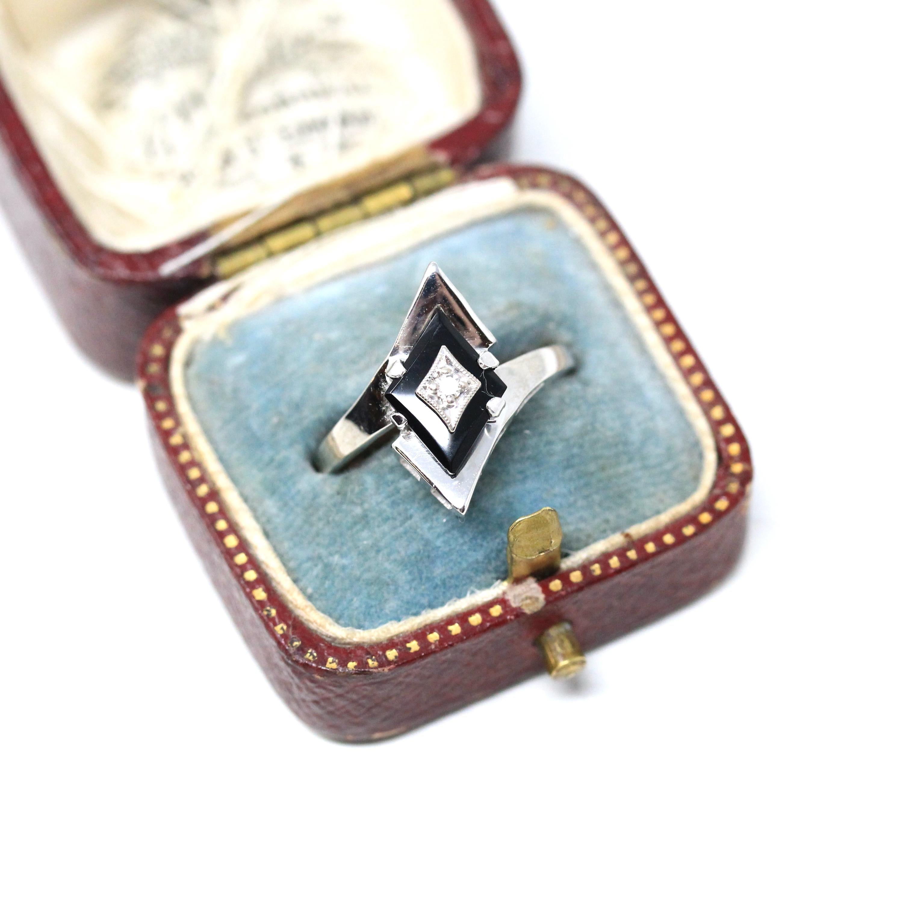 Vintage Onyx Ring - Retro 10k White Gold Natural Diamond Black Chalcedony Gem - Circa 1960s Era Size 7 Kite Navette Fine Bohemian Jewelry