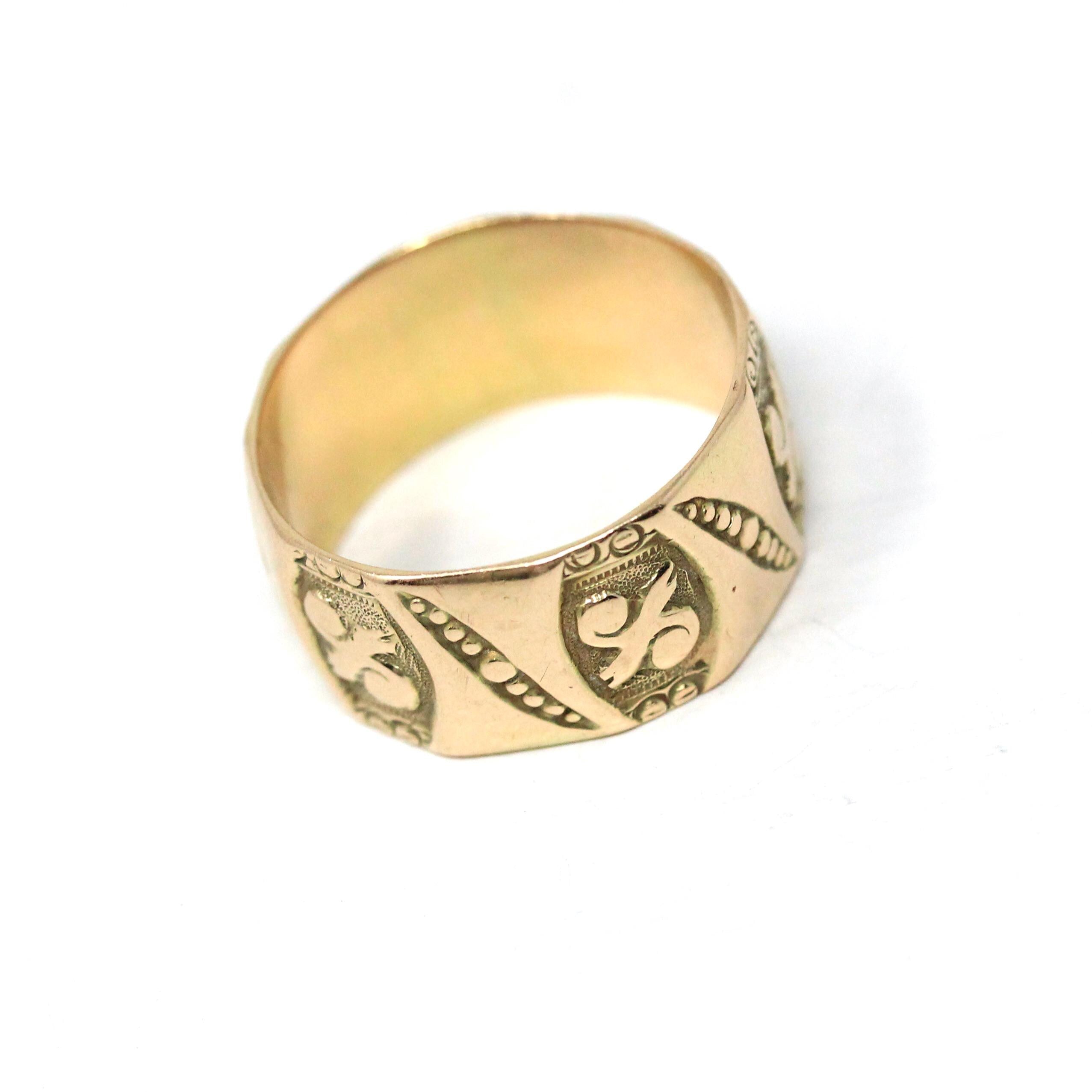 Antique Cigar Band - Victorian 14k Yellow Gold Engraved Designs Unisex Ring - Circa 1890s Era Size 6 Fine Statement Jewelry