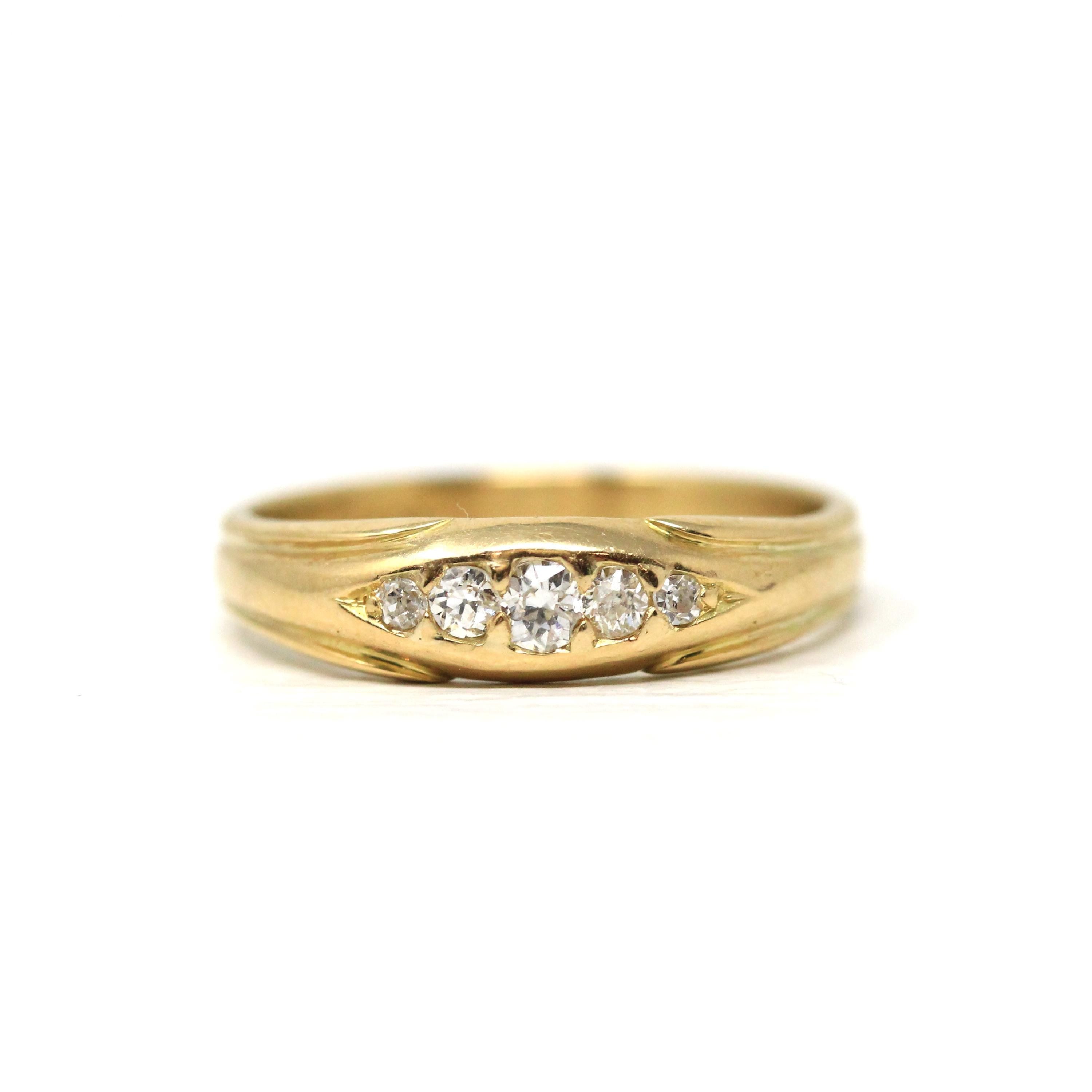 Antique Diamond Band - Edwardian 18k Yellow Gold Five Natural Gemstones Ring - Vintage 1910s Era Size 8 3/4 Fine Statement Bridal Jewelry