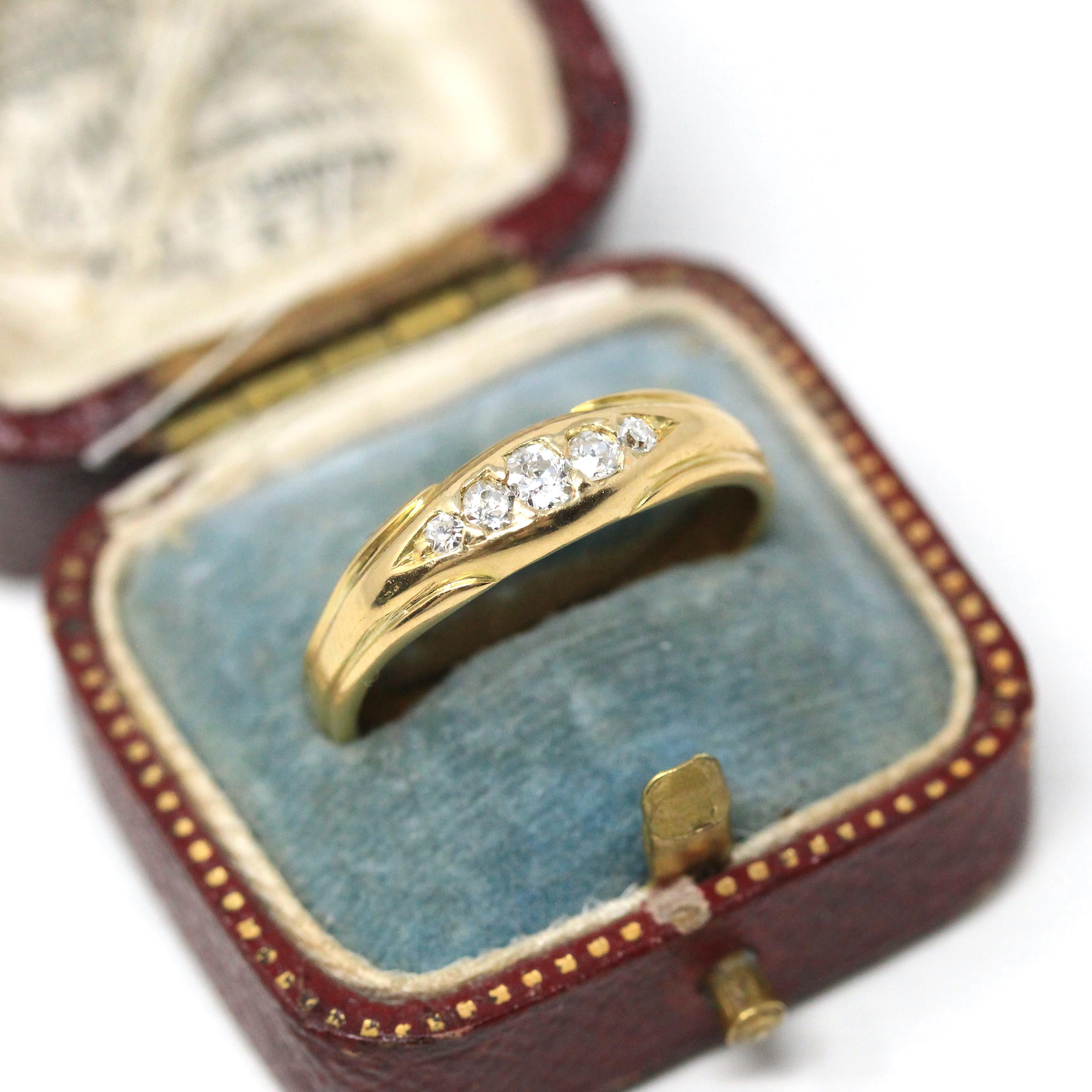 Antique Diamond Band - Edwardian 18k Yellow Gold Five Natural Gemstones Ring - Vintage 1910s Era Size 8 3/4 Fine Statement Bridal Jewelry