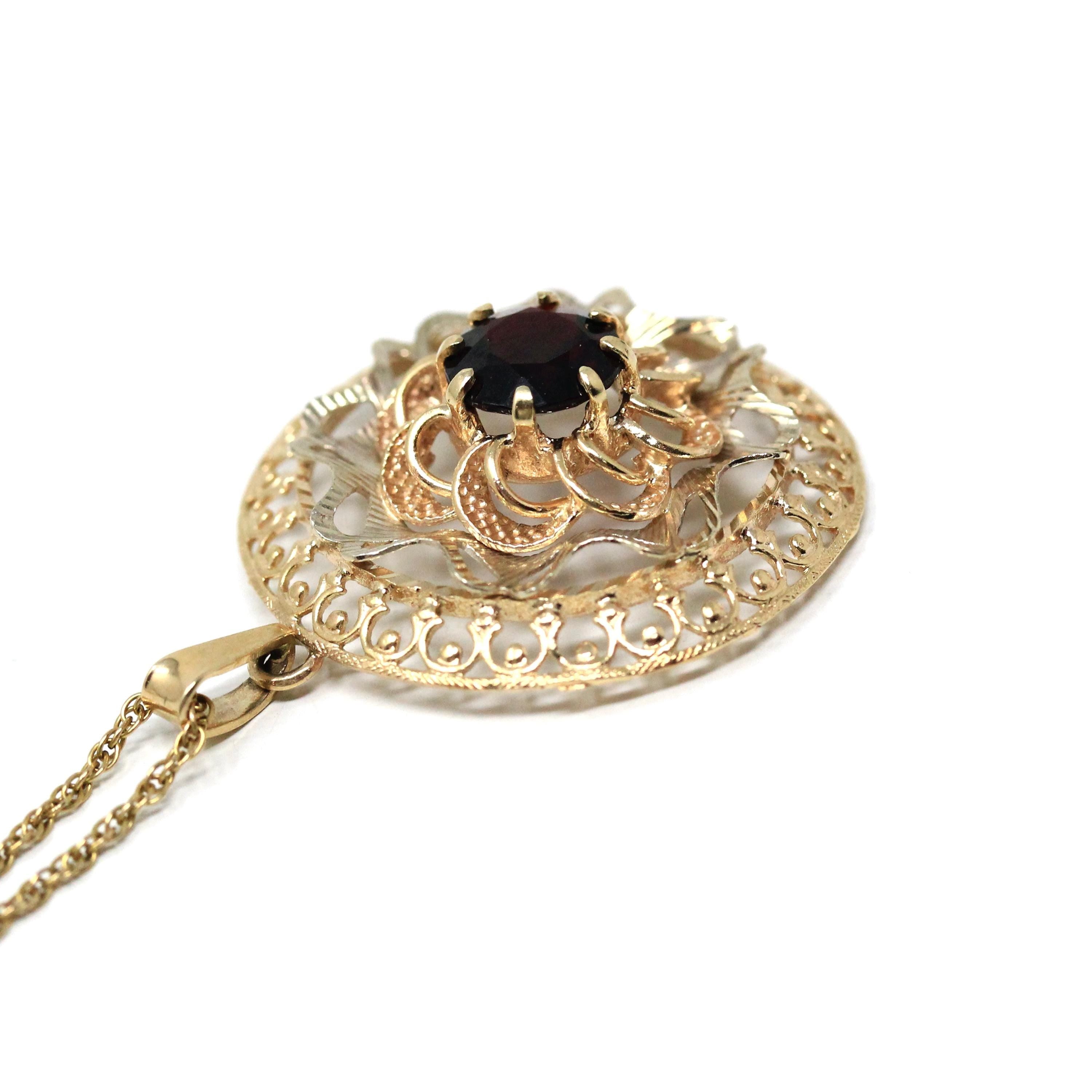 Vintage Garnet Necklace - Retro 9k Yellow Gold Natural Red Gemstone Pendant - Circa 1970s Era Fine Statement January Birthstone Jewelry